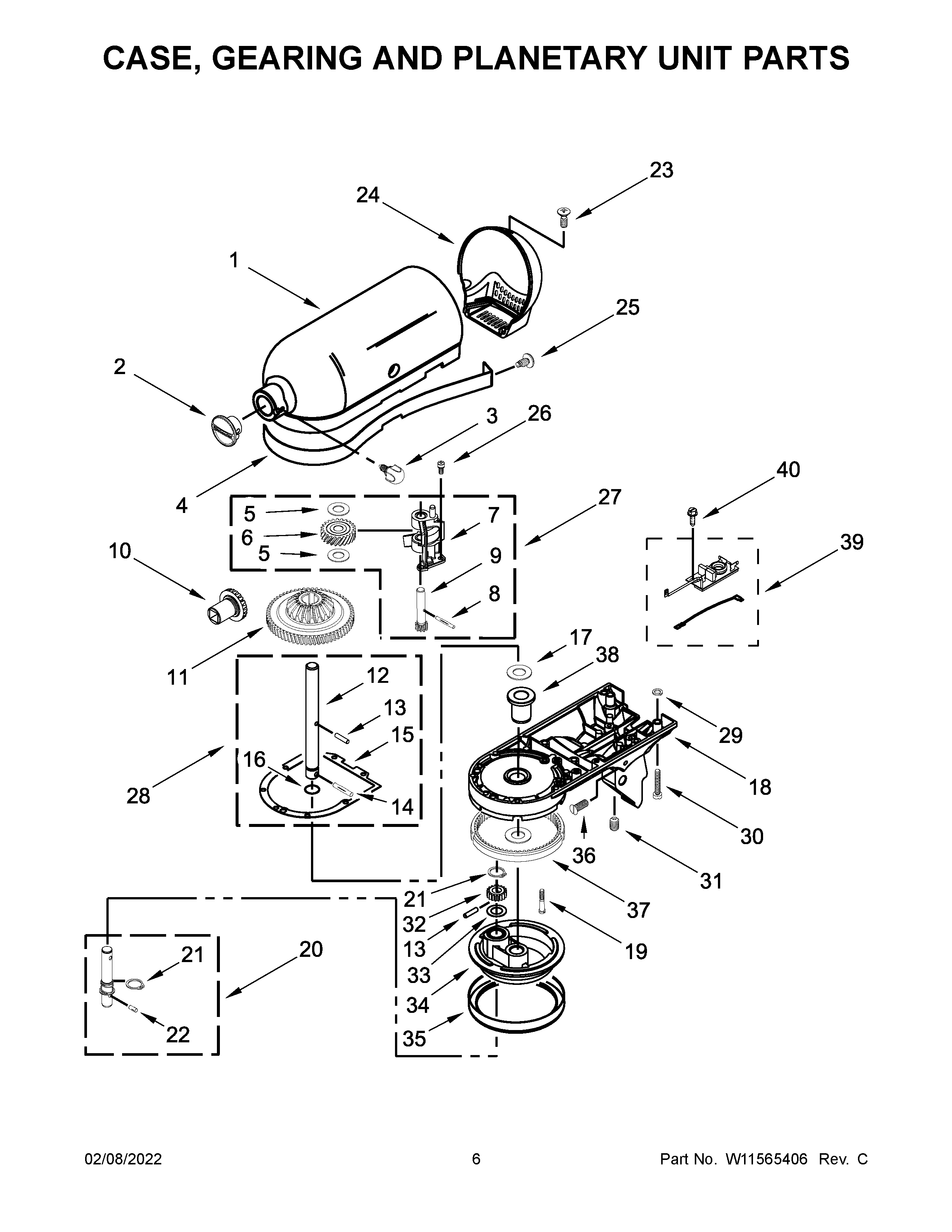 KitchenAid 5KSM195PSABK0 case, gearing and planetary unit parts diagram