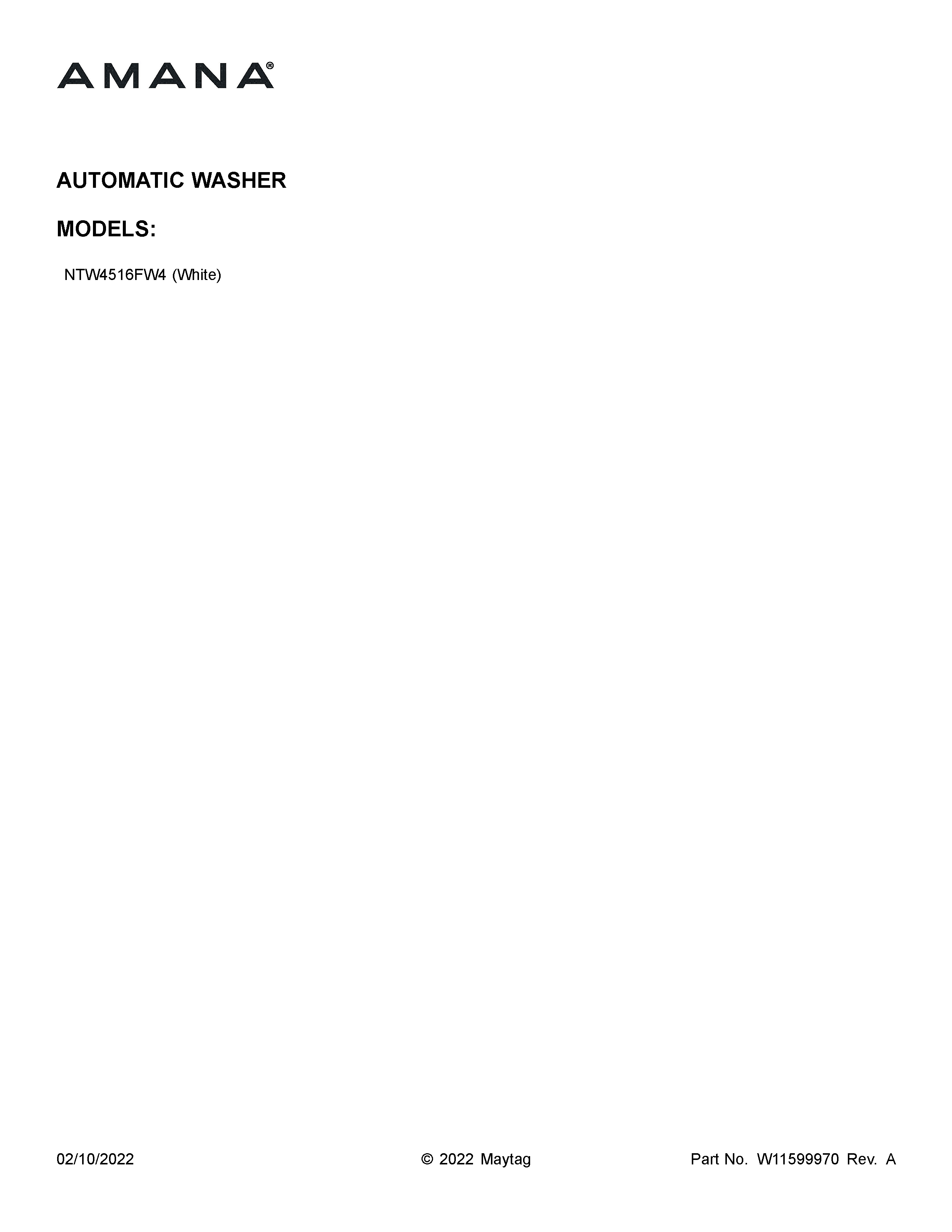 Amana NTW4516FW4 cover sheet diagram