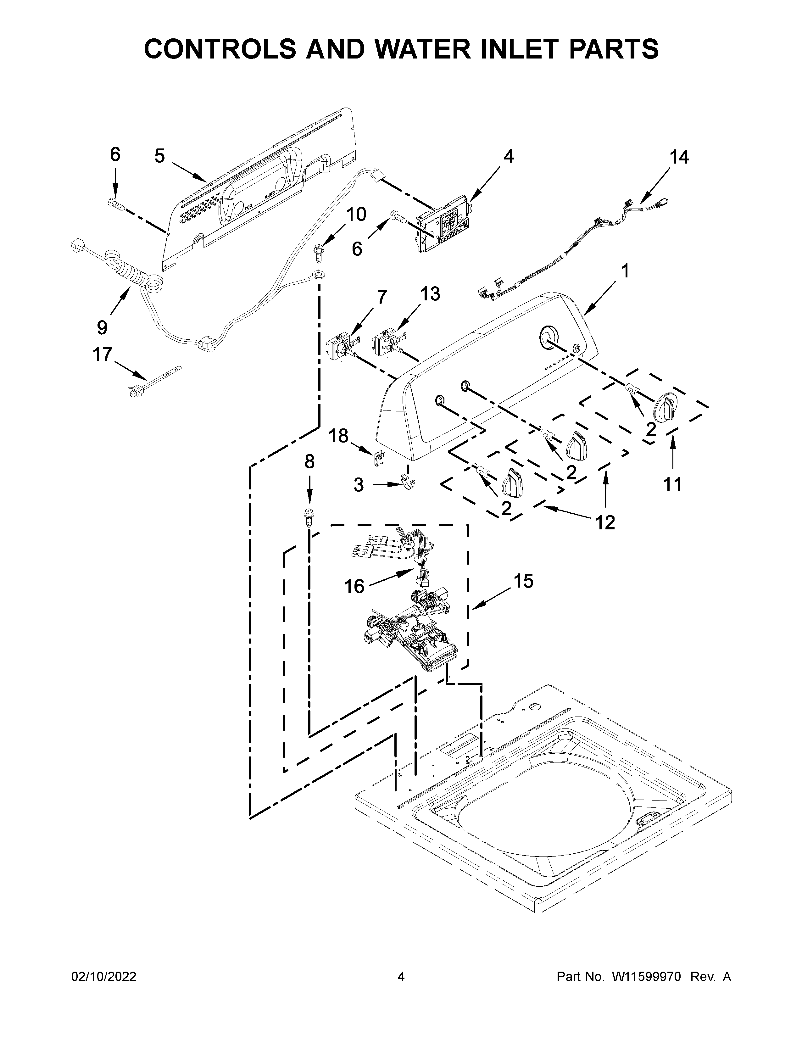 Amana NTW4516FW4 controls and water inlet parts diagram
