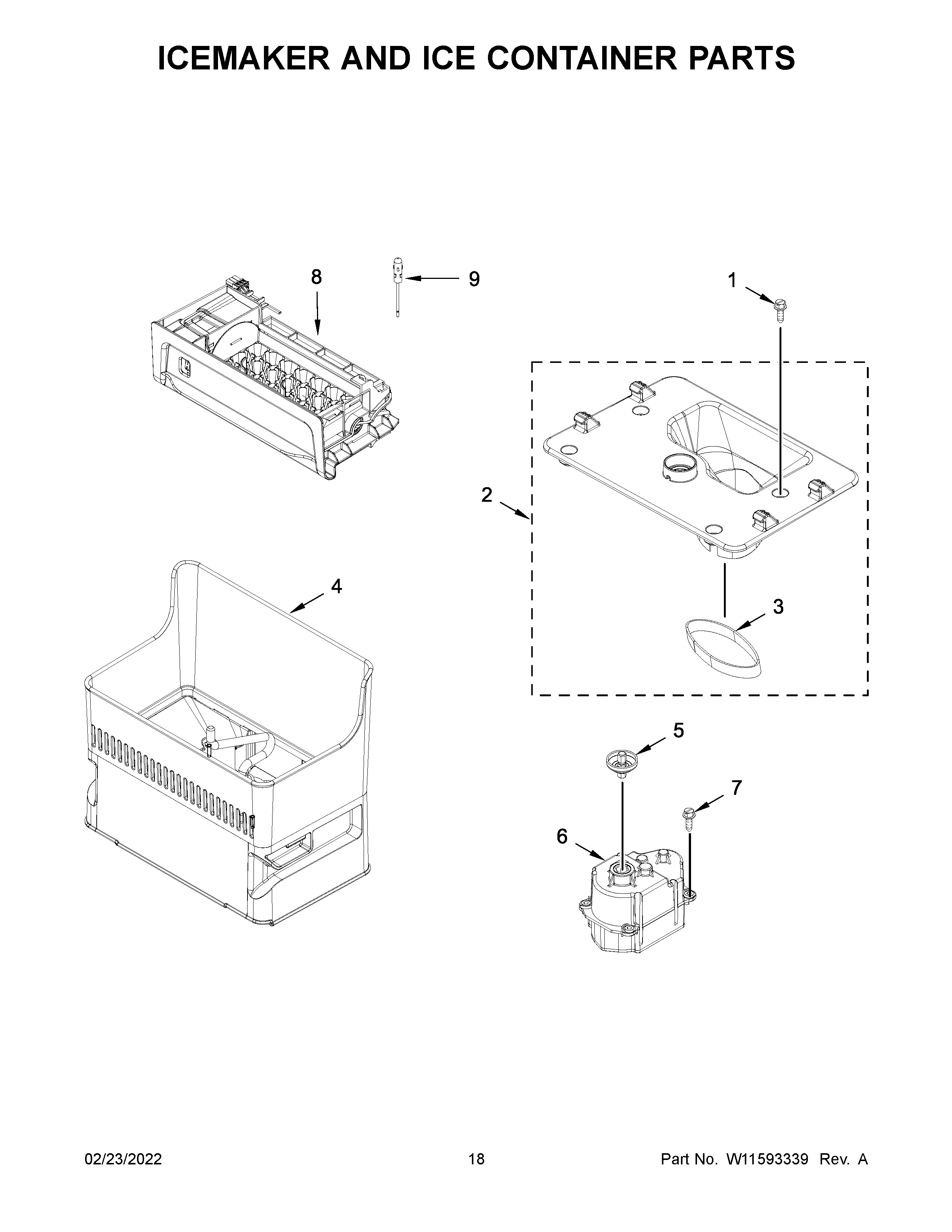 KitchenAid KRFC704FSS04 icemaker and ice container parts diagram