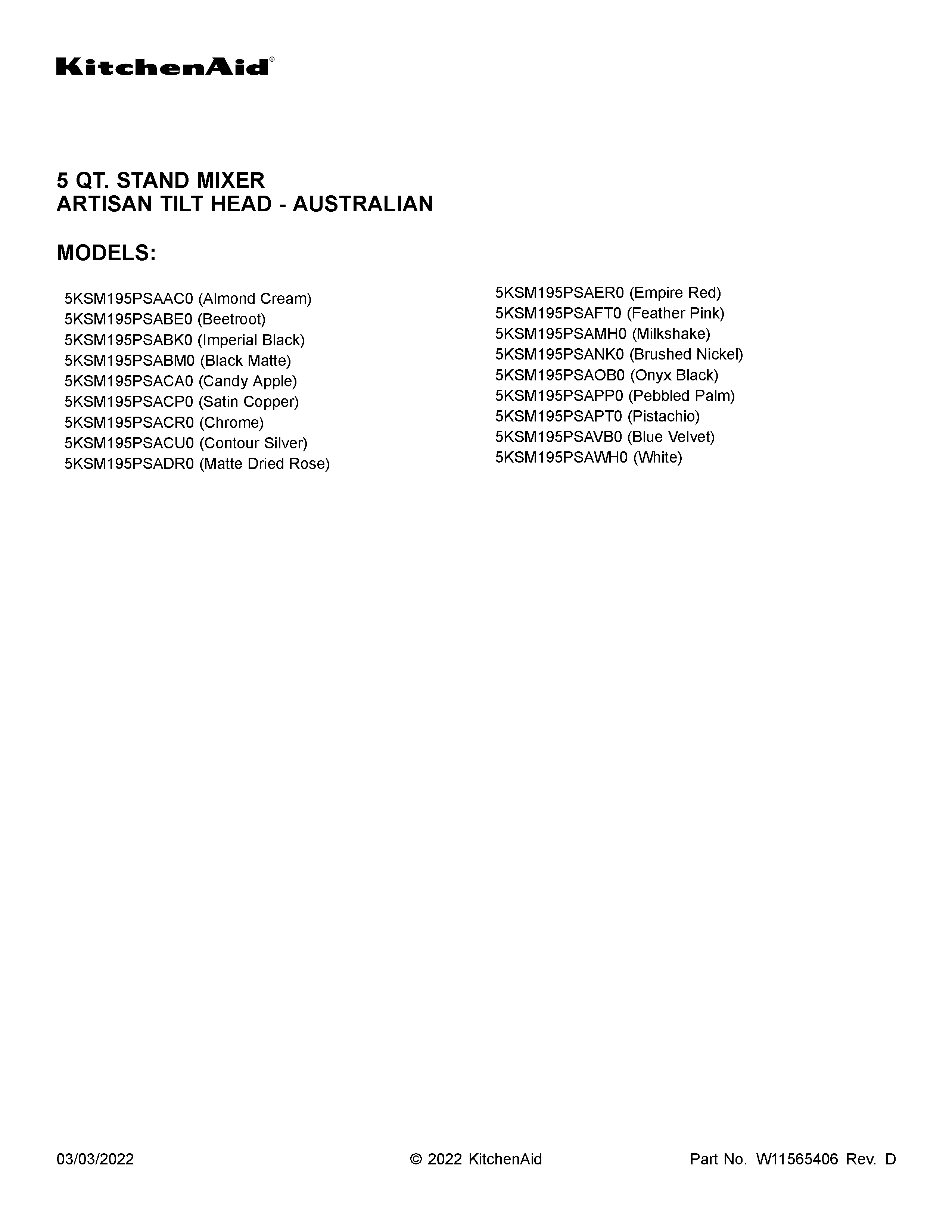 KitchenAid 5KSM195PSABK0 cover sheet diagram