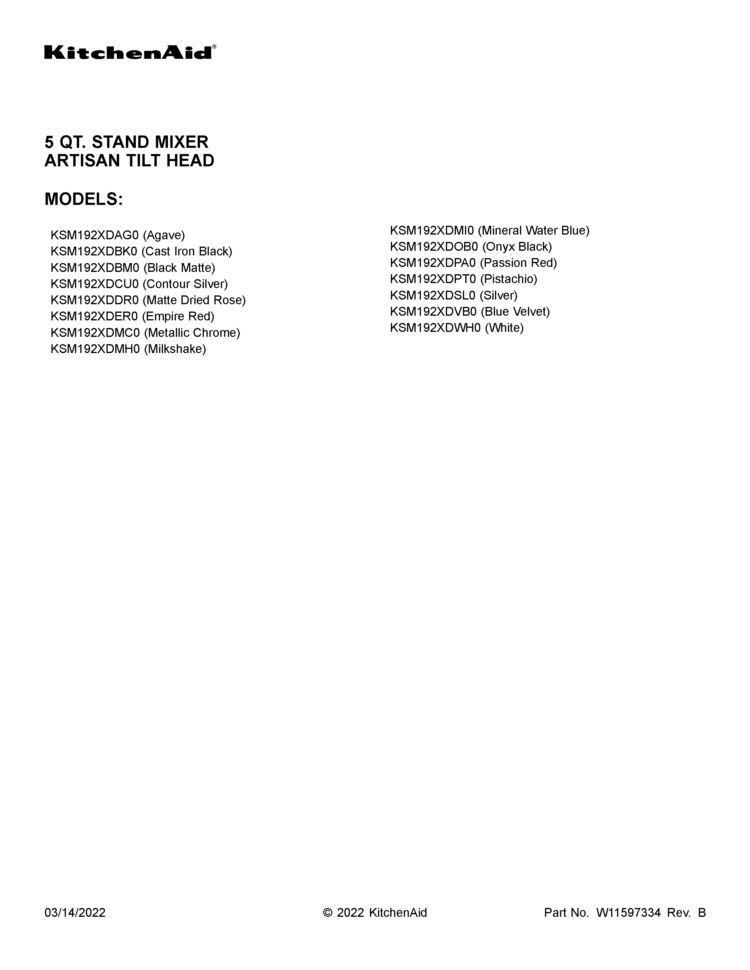 KitchenAid KSM192XDWH0 cover sheet diagram