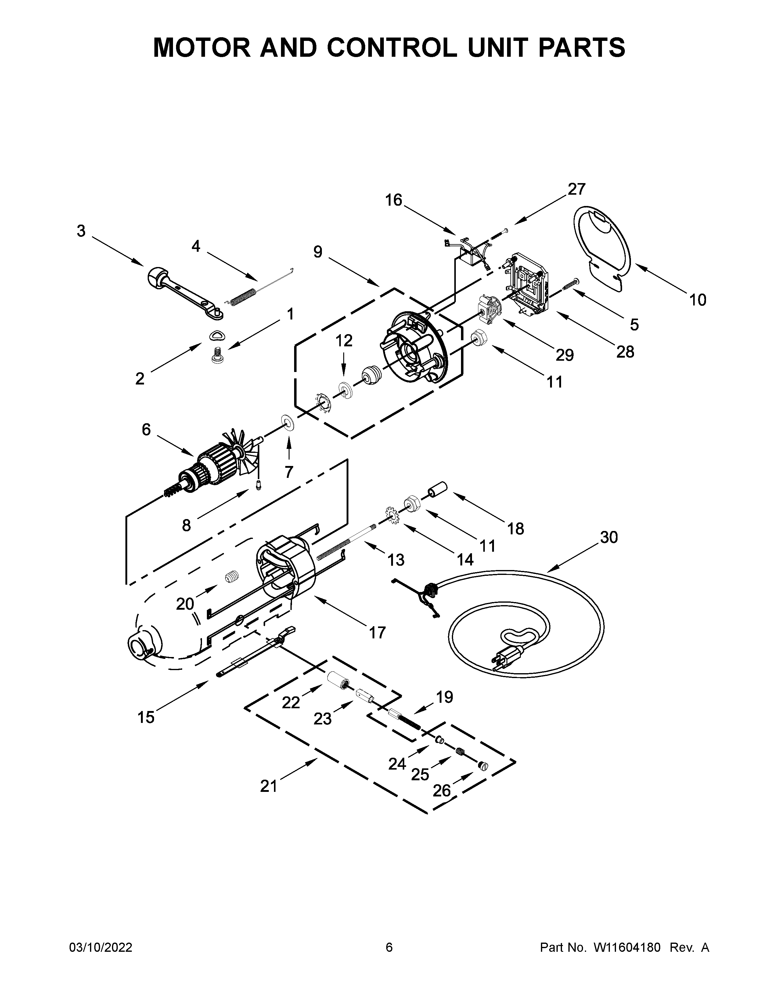KitchenAid 5KSM150PSWAC0 motor and control unit parts diagram