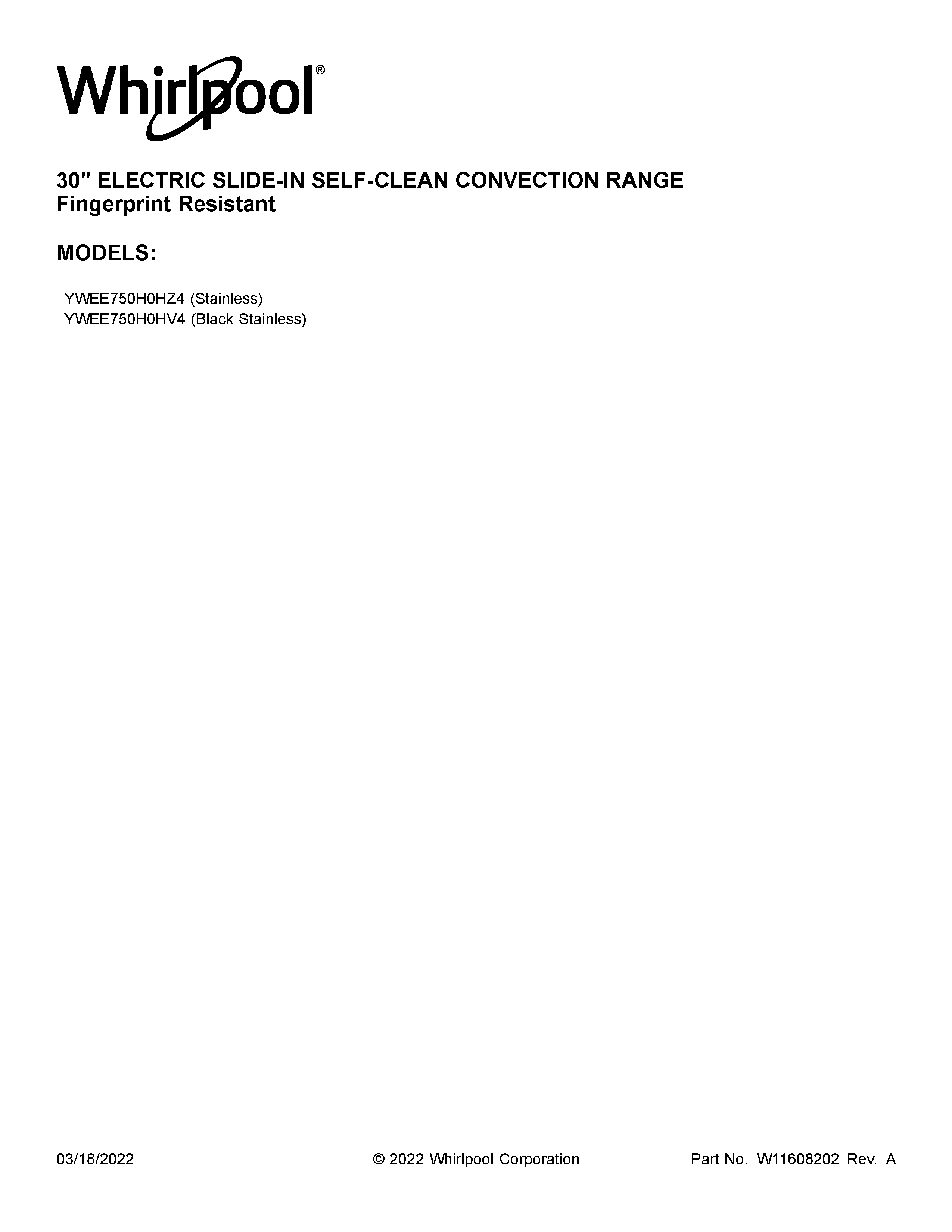 Whirlpool YWEE750H0HZ4 cover sheet diagram