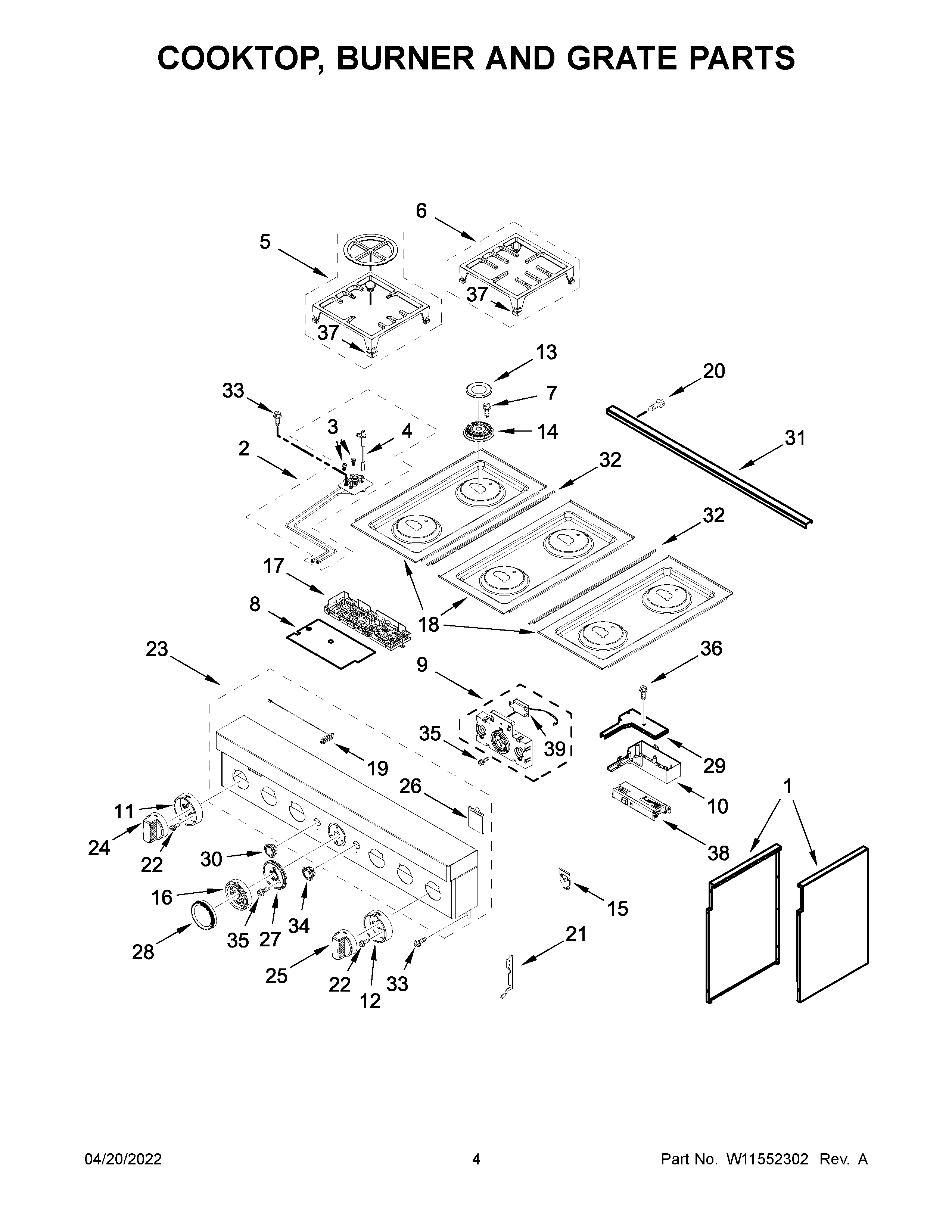 KitchenAid KFDC506JSC01 cooktop, burner and grate parts diagram