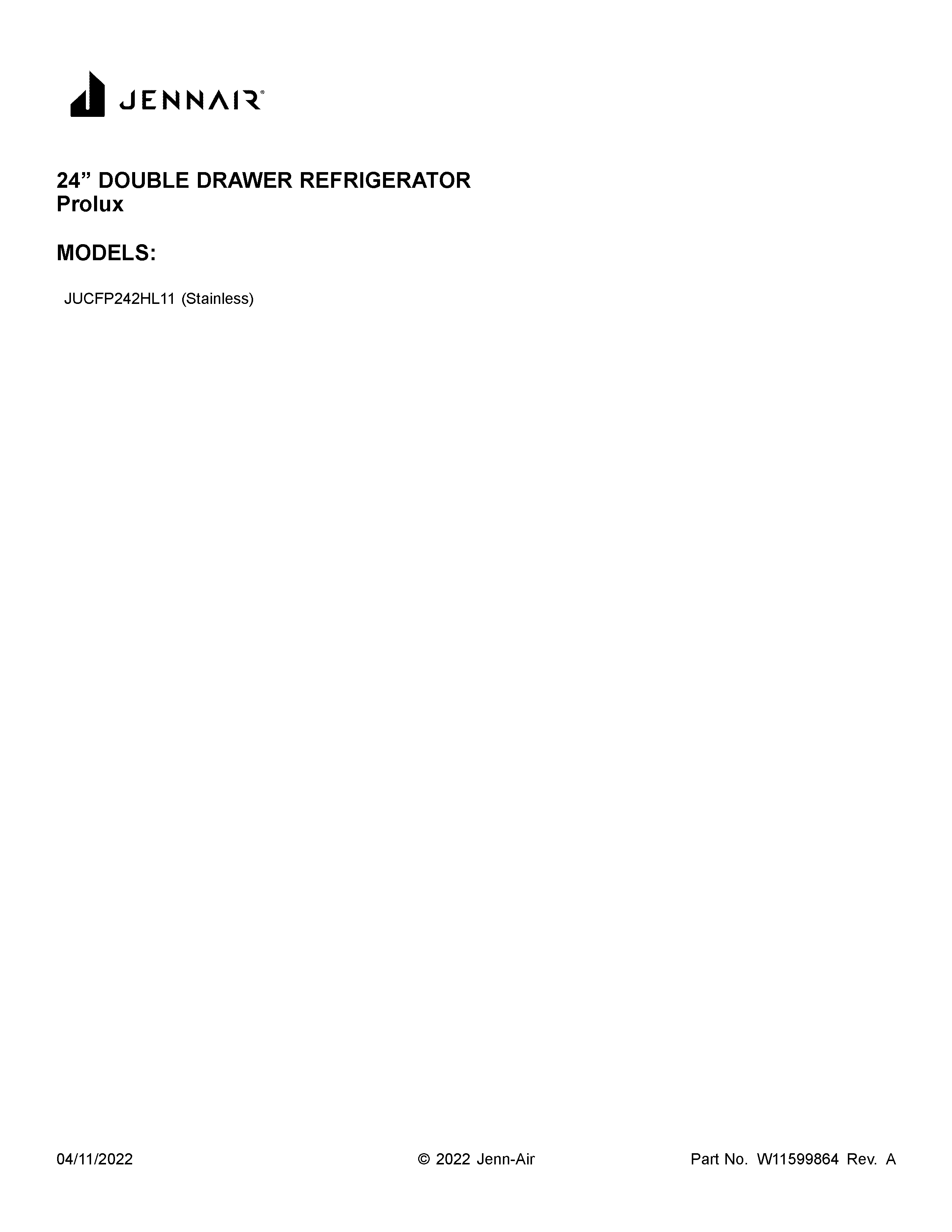 Jenn-Air JUCFP242HL11 cover sheet diagram