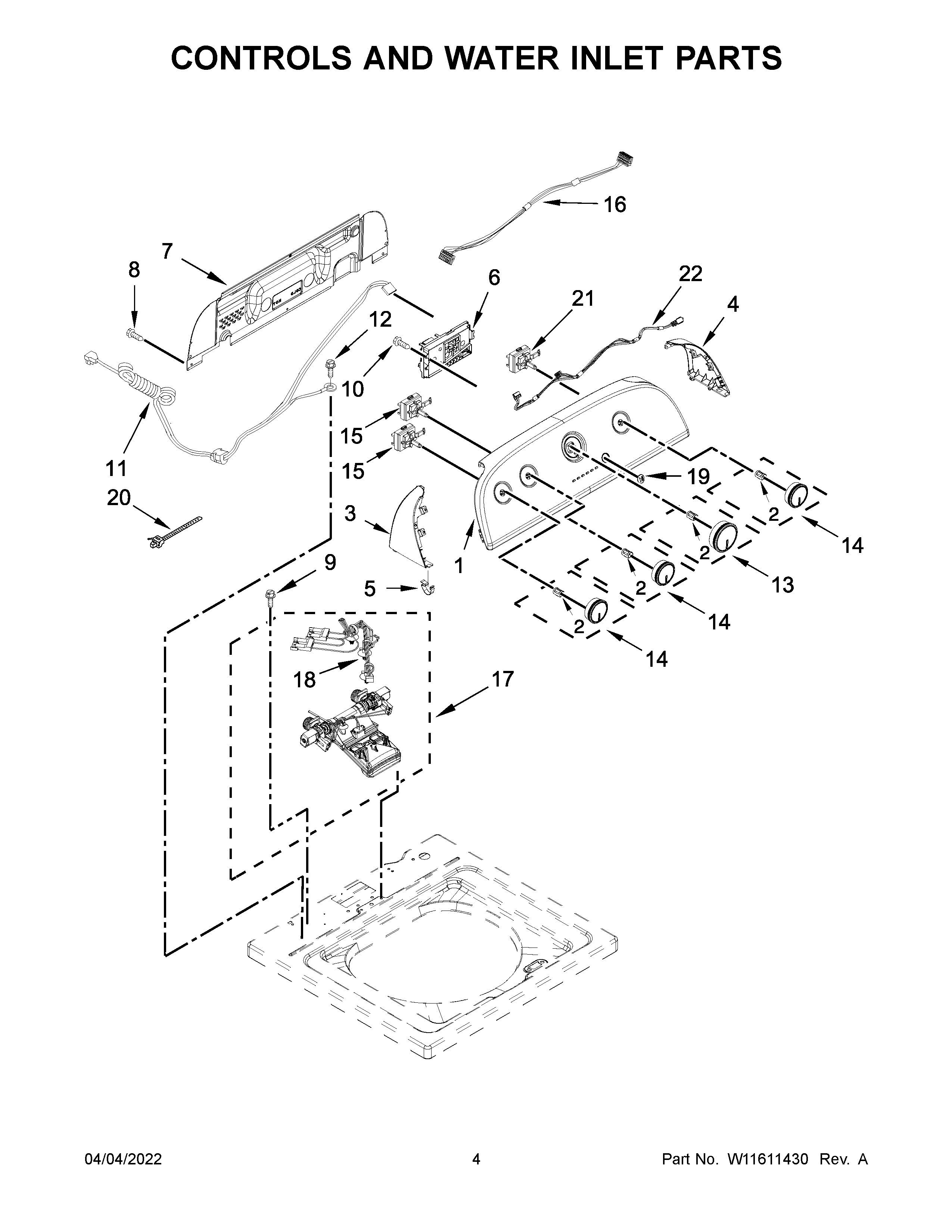 Whirlpool 4GWTW1805LW1 controls and water inlet parts diagram