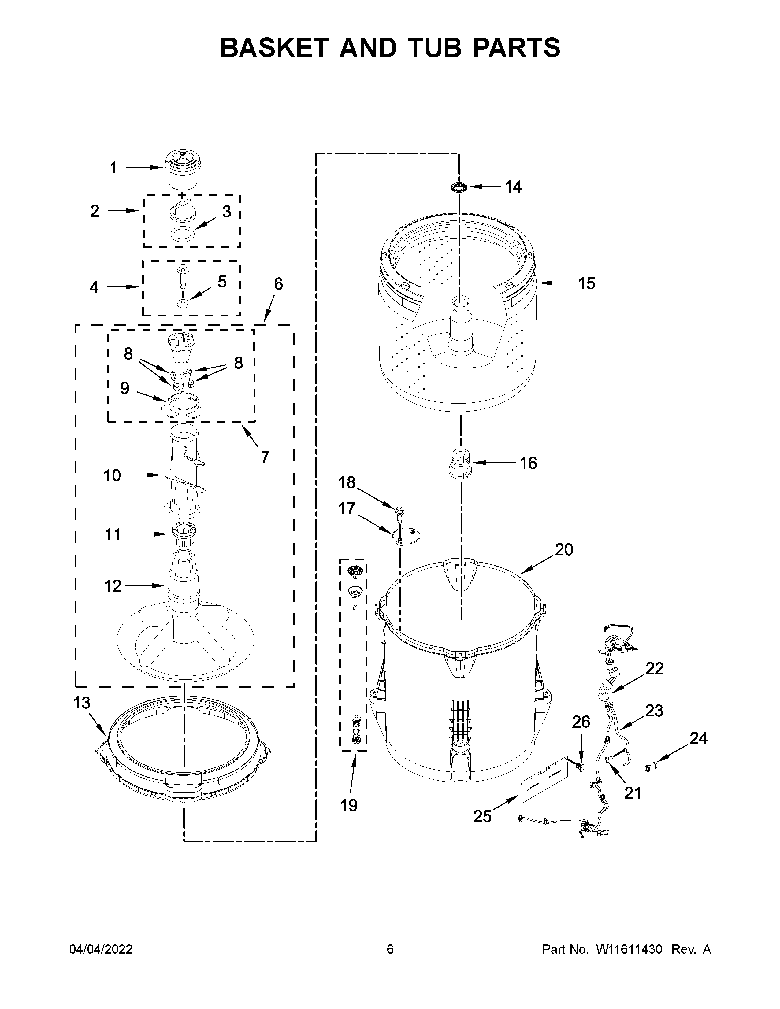 Whirlpool 4GWTW1805LW1 basket and tub parts diagram