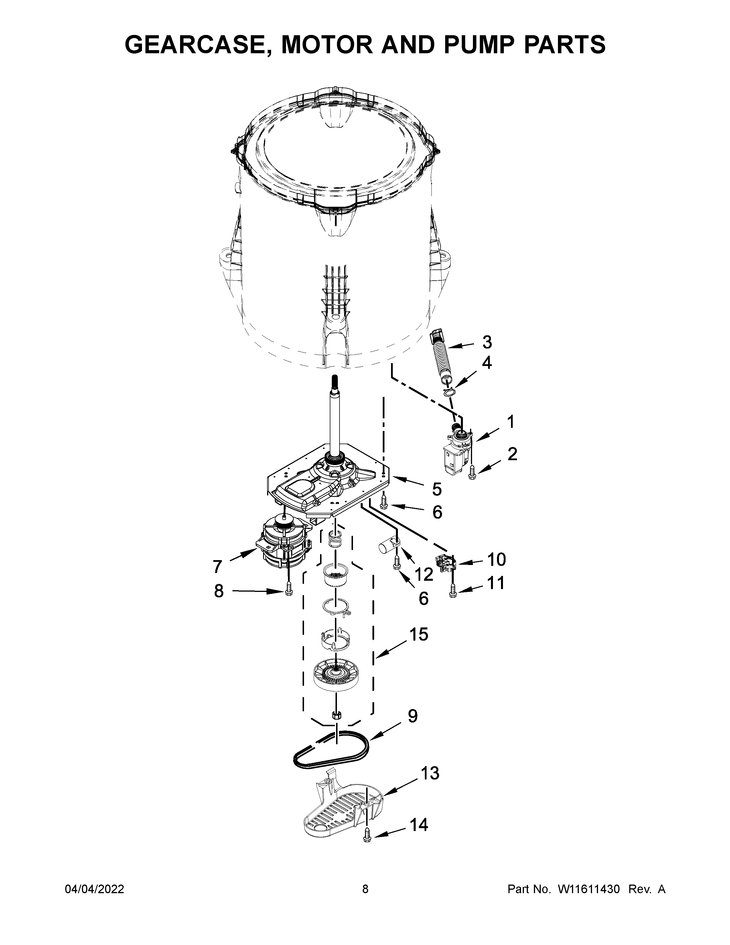 Whirlpool 4GWTW1805LW1 gearcase, motor and pump parts diagram