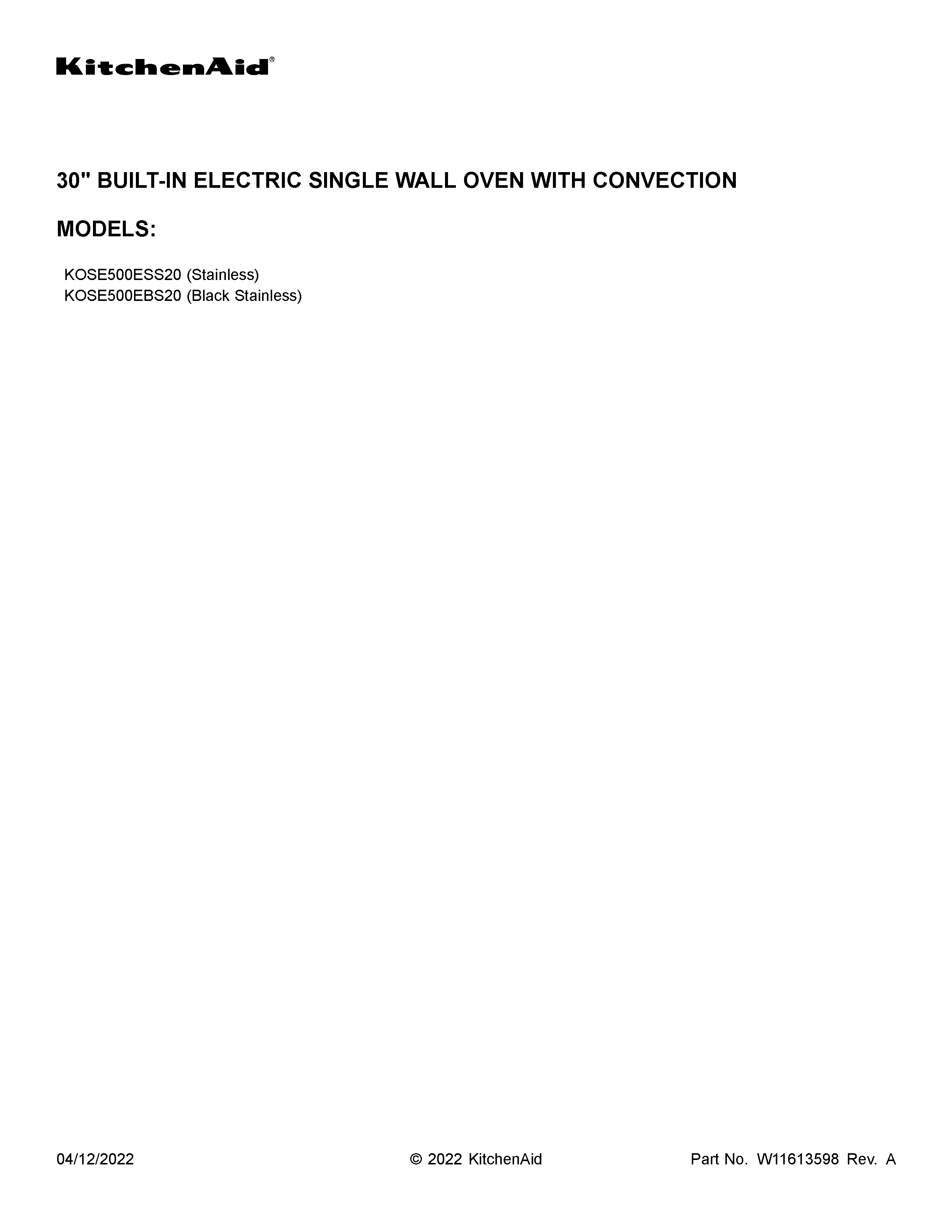 KitchenAid KOSE500ESS20 cover sheet diagram