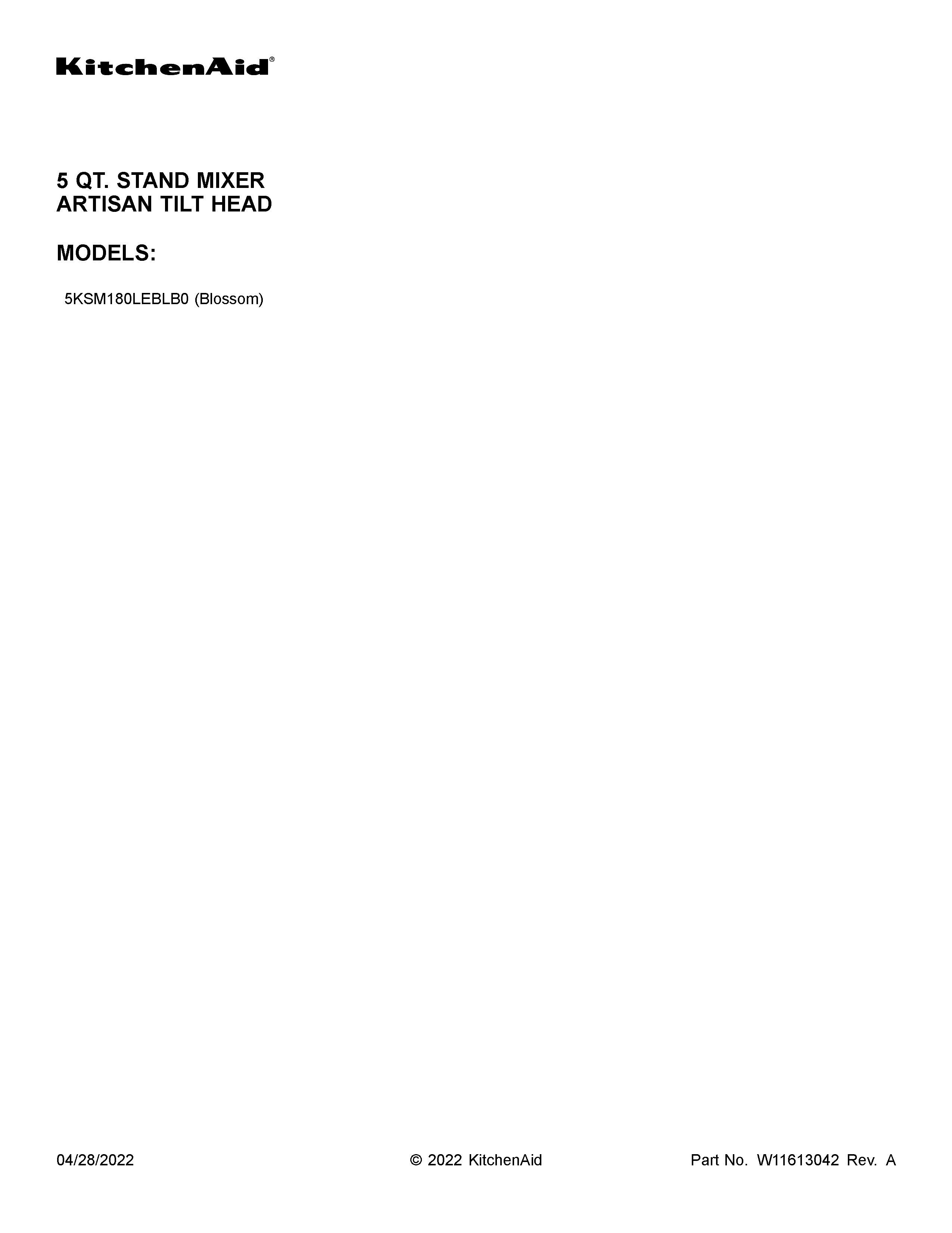 KitchenAid 5KSM180LEBLB0 cover sheet diagram