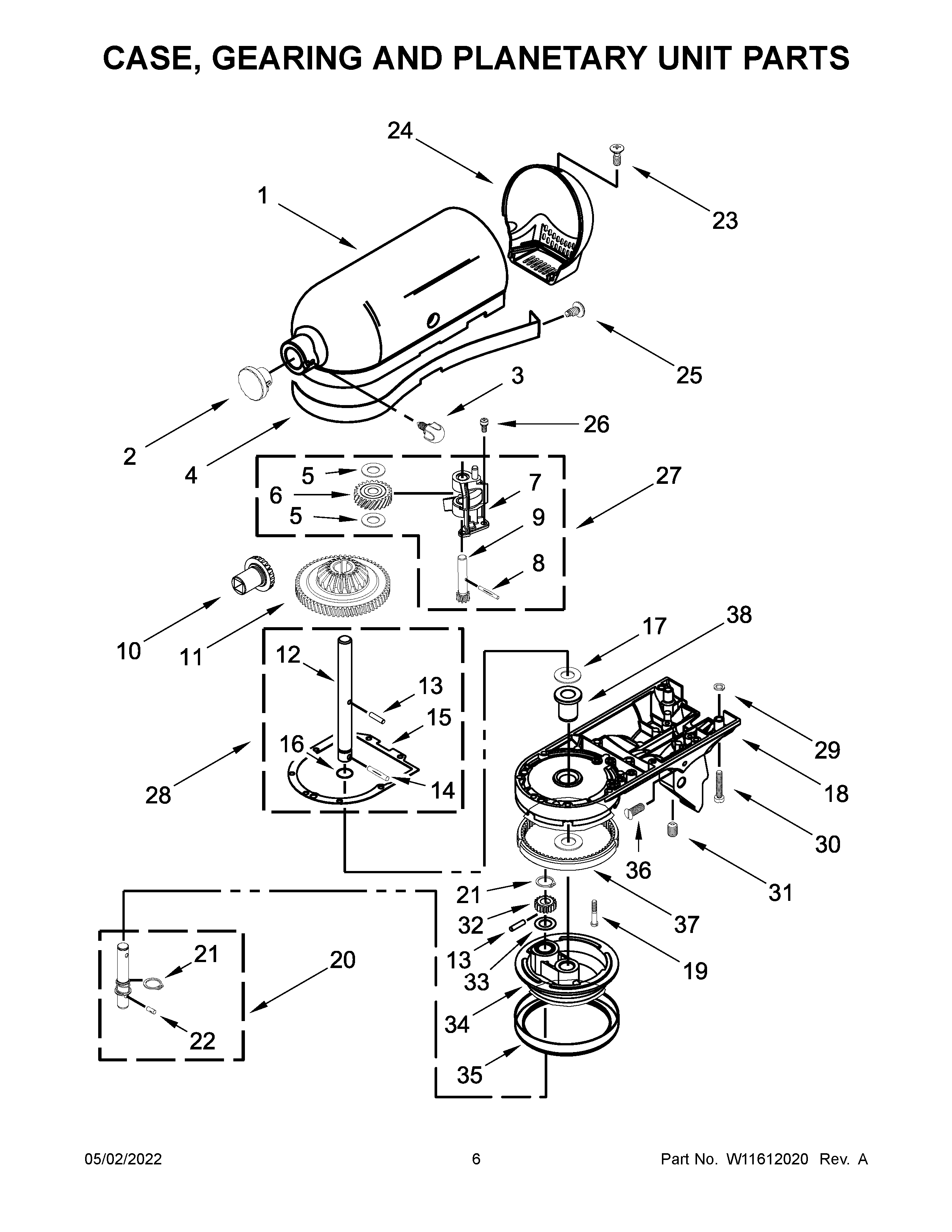 KitchenAid KSM180LELB0 case, gearing and planetary unit parts diagram