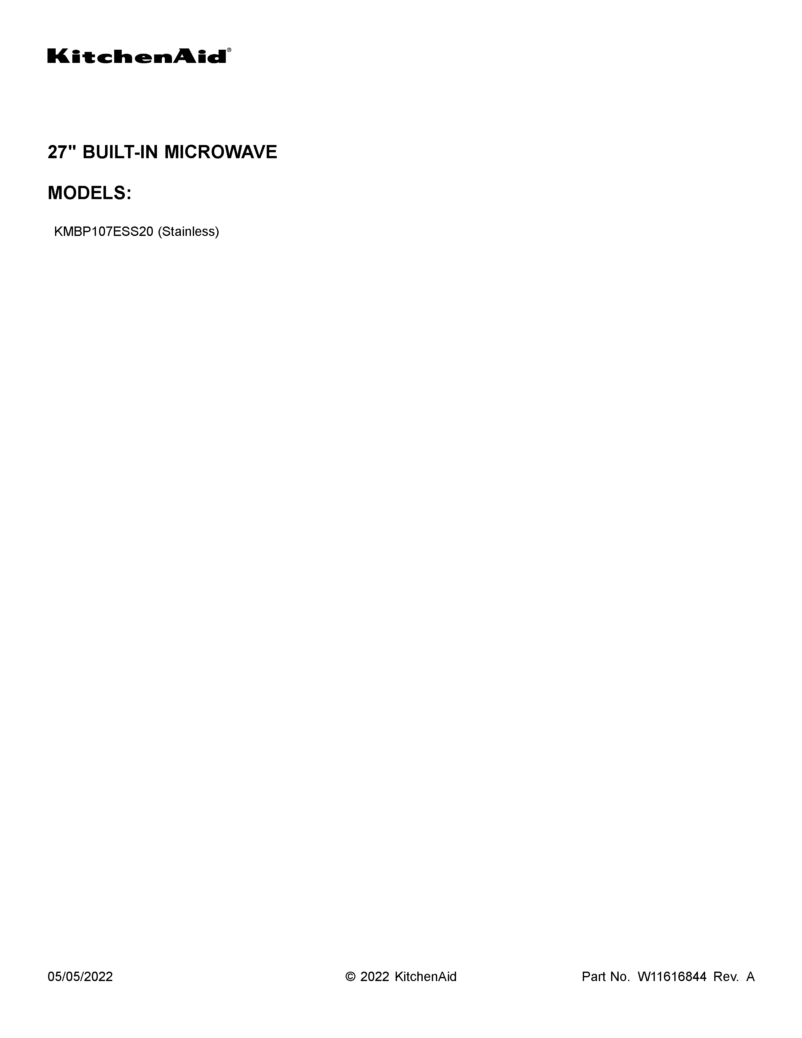 KitchenAid KMBP107ESS20 cover sheet diagram