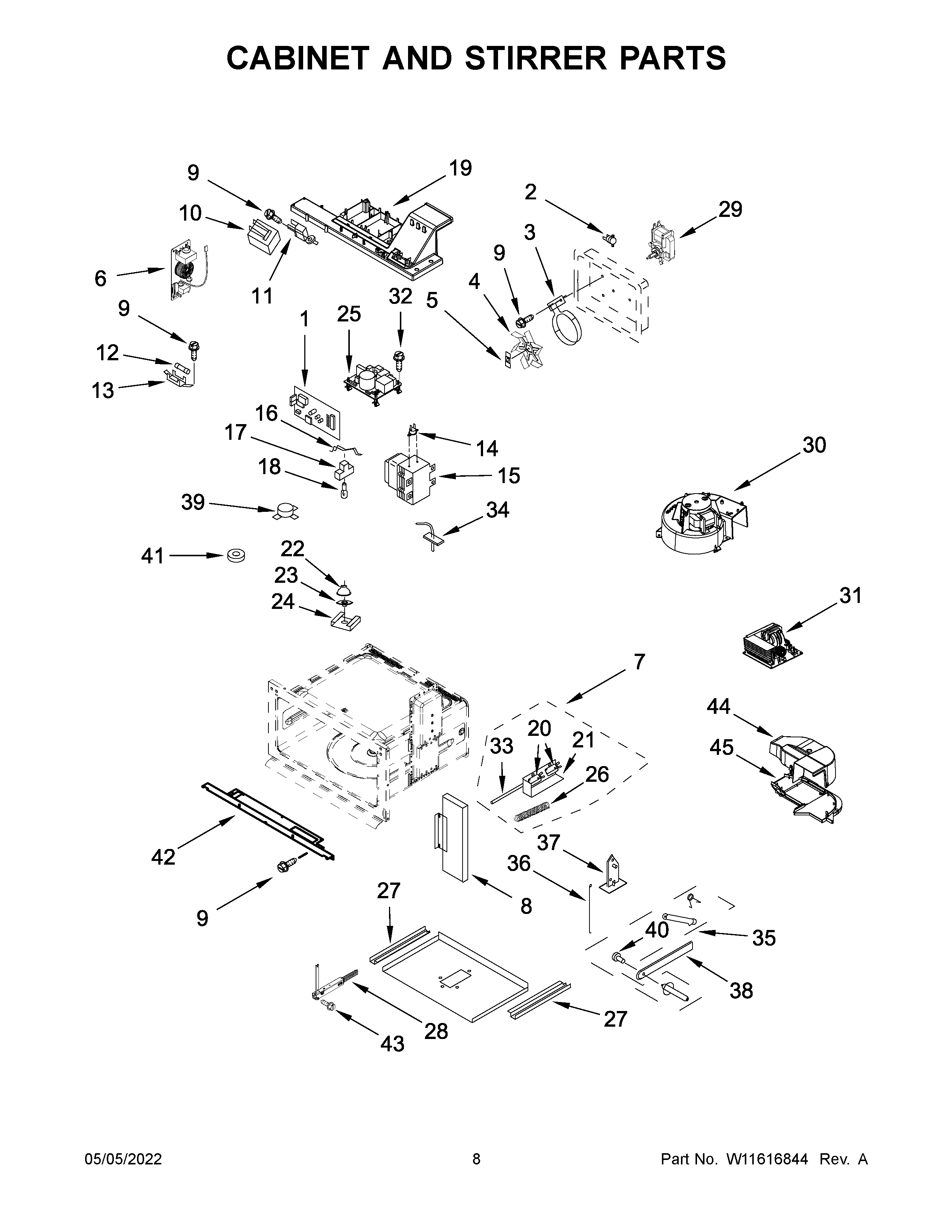 KitchenAid KMBP107ESS20 cabinet and stirrer parts diagram