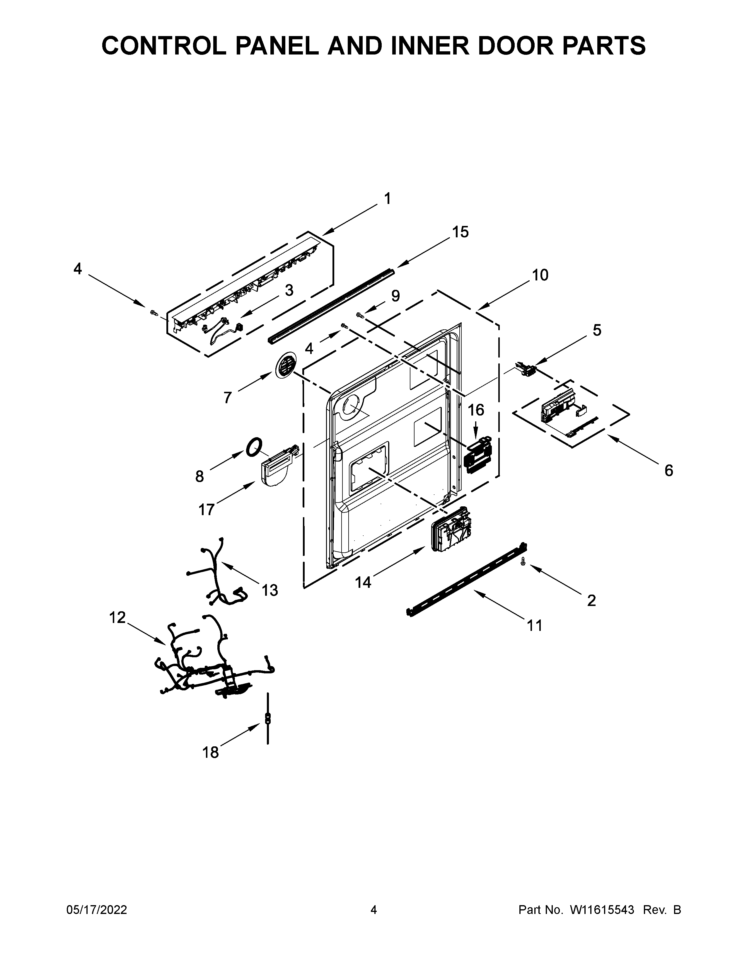 KitchenAid KDTM404KPS1 control panel and inner door parts diagram