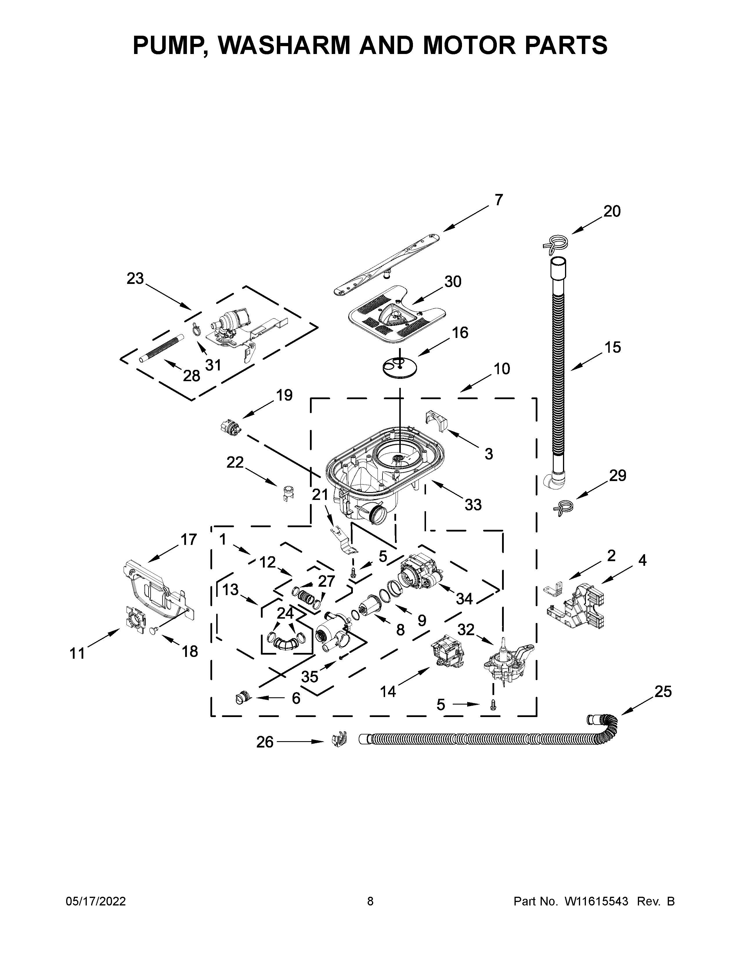 KitchenAid KDTM404KPS1 pump, washarm and motor parts diagram