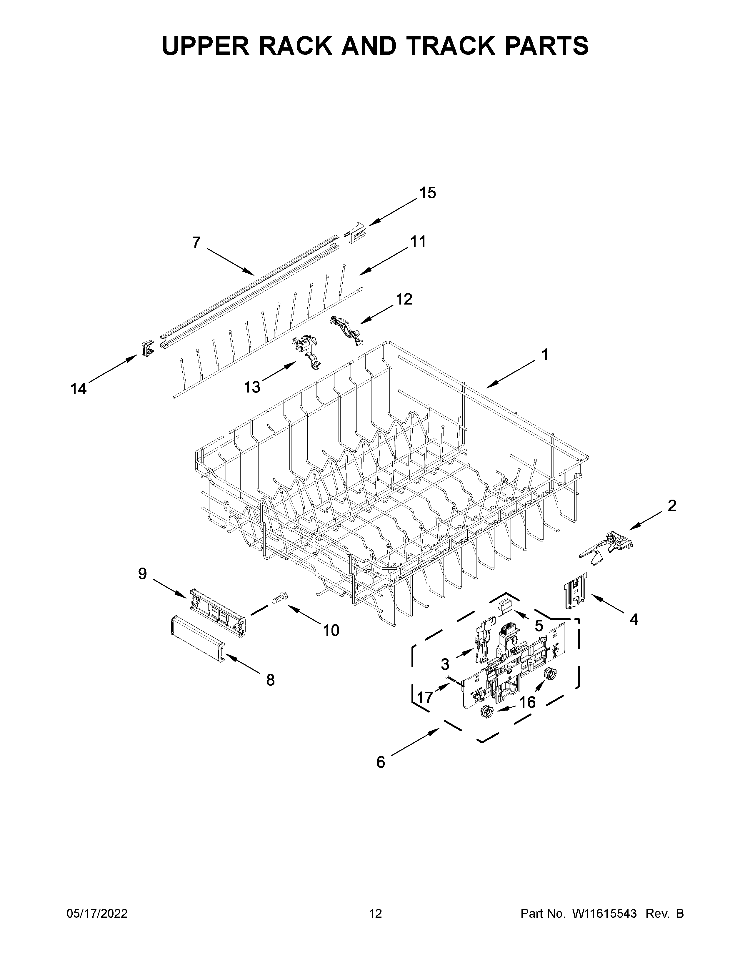 KitchenAid KDTM404KPS1 upper rack and track parts diagram