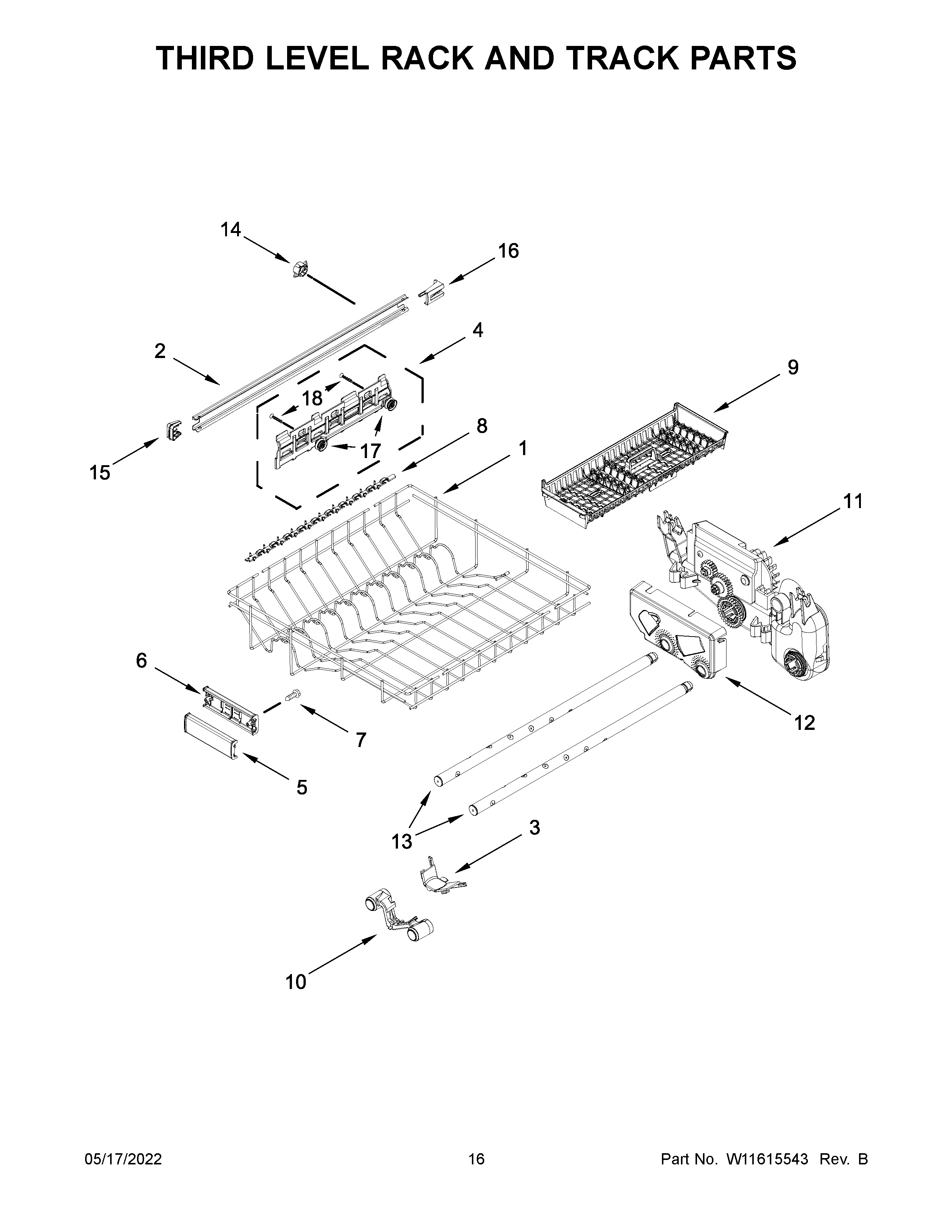 KitchenAid KDTM404KPS1 third level rack and track parts diagram