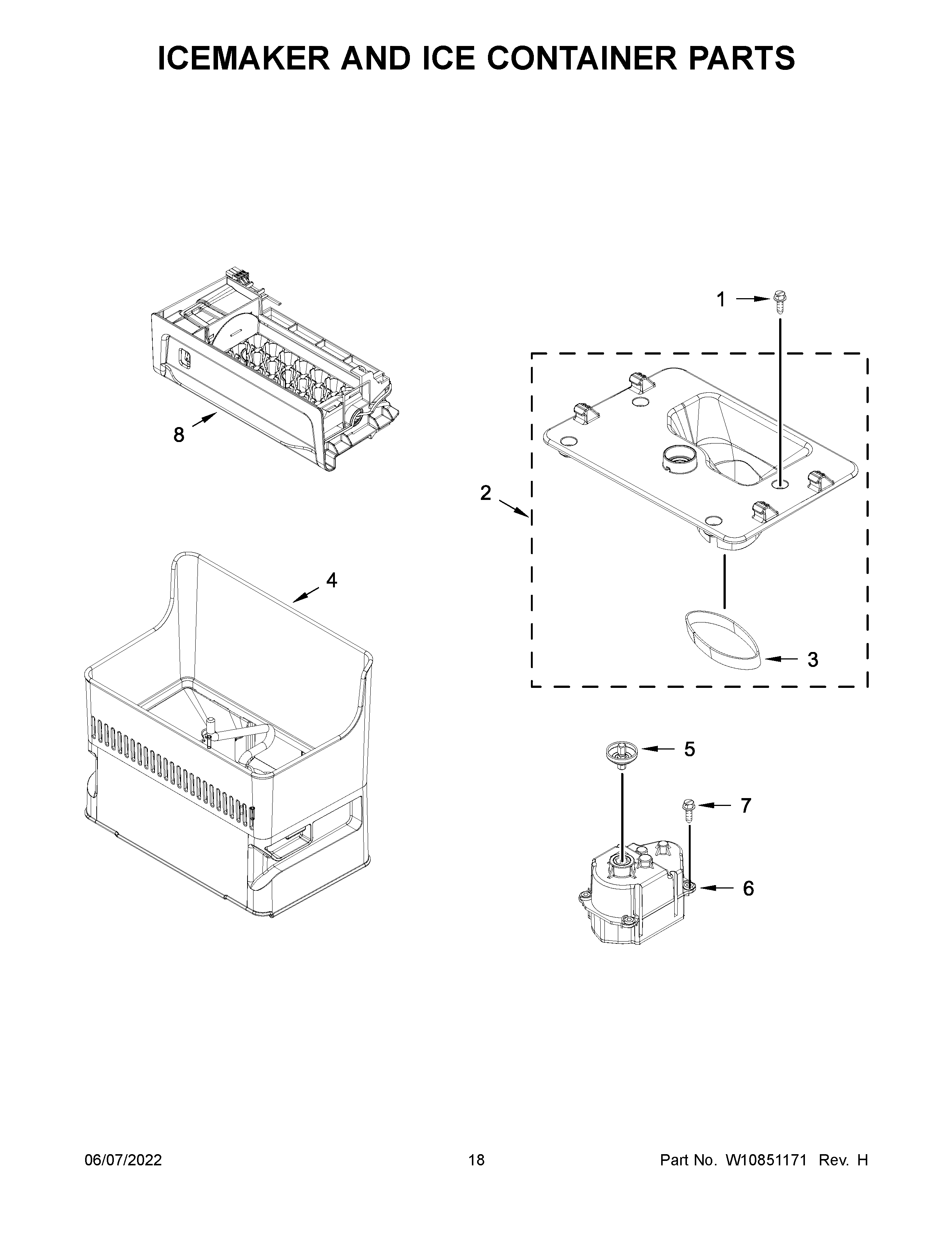 KitchenAid KRFC704FSS00 icemaker and ice container parts diagram