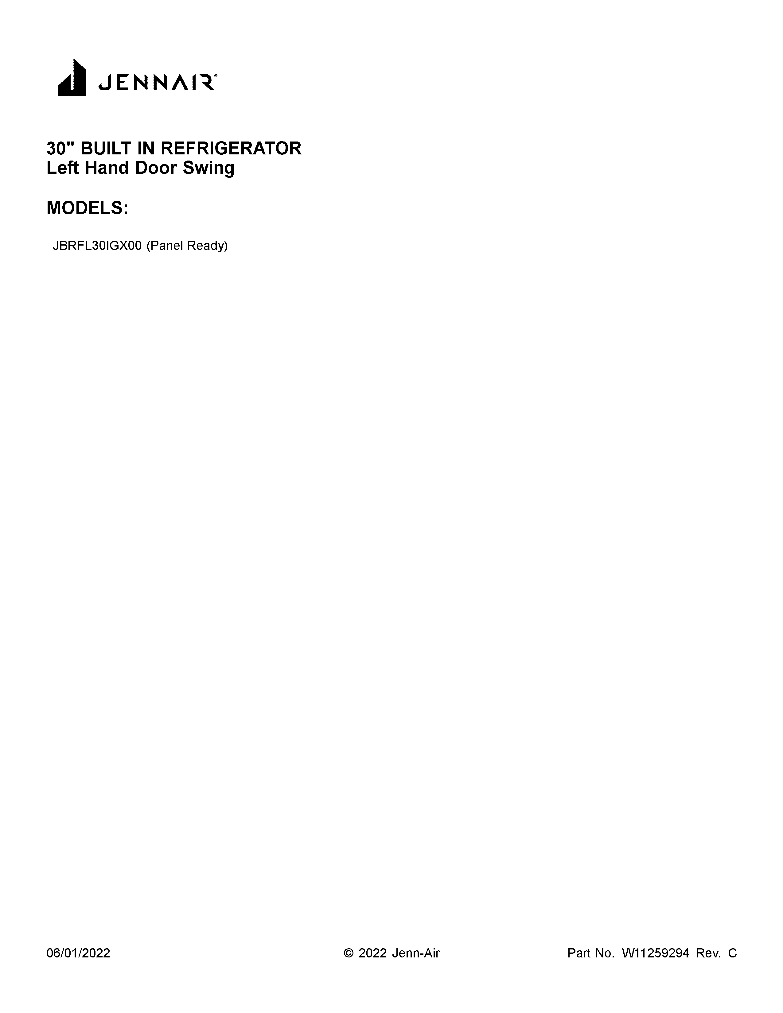 Jenn-Air JBRFL30IGX00 cover sheet diagram
