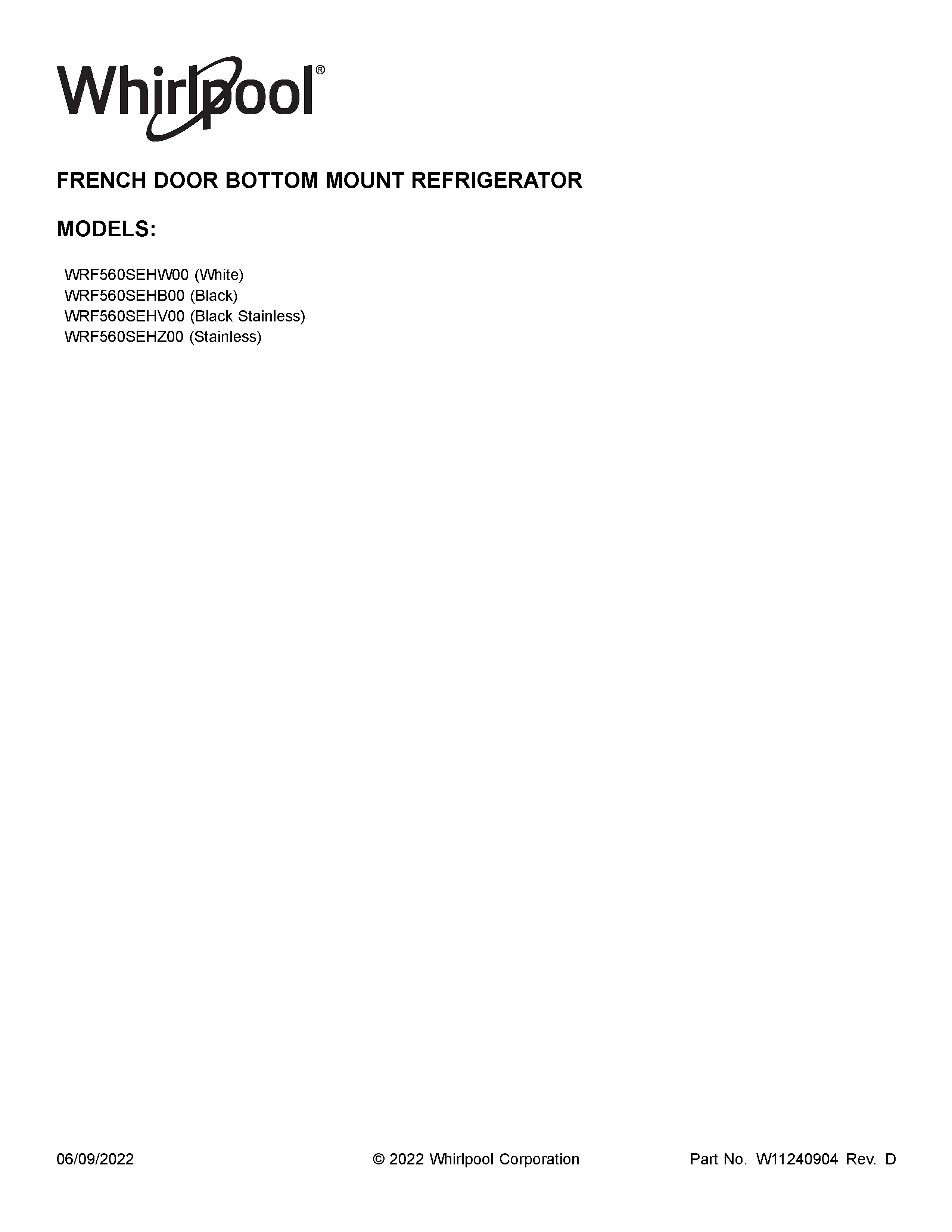 Whirlpool WRF560SEHZ00 cover sheet diagram
