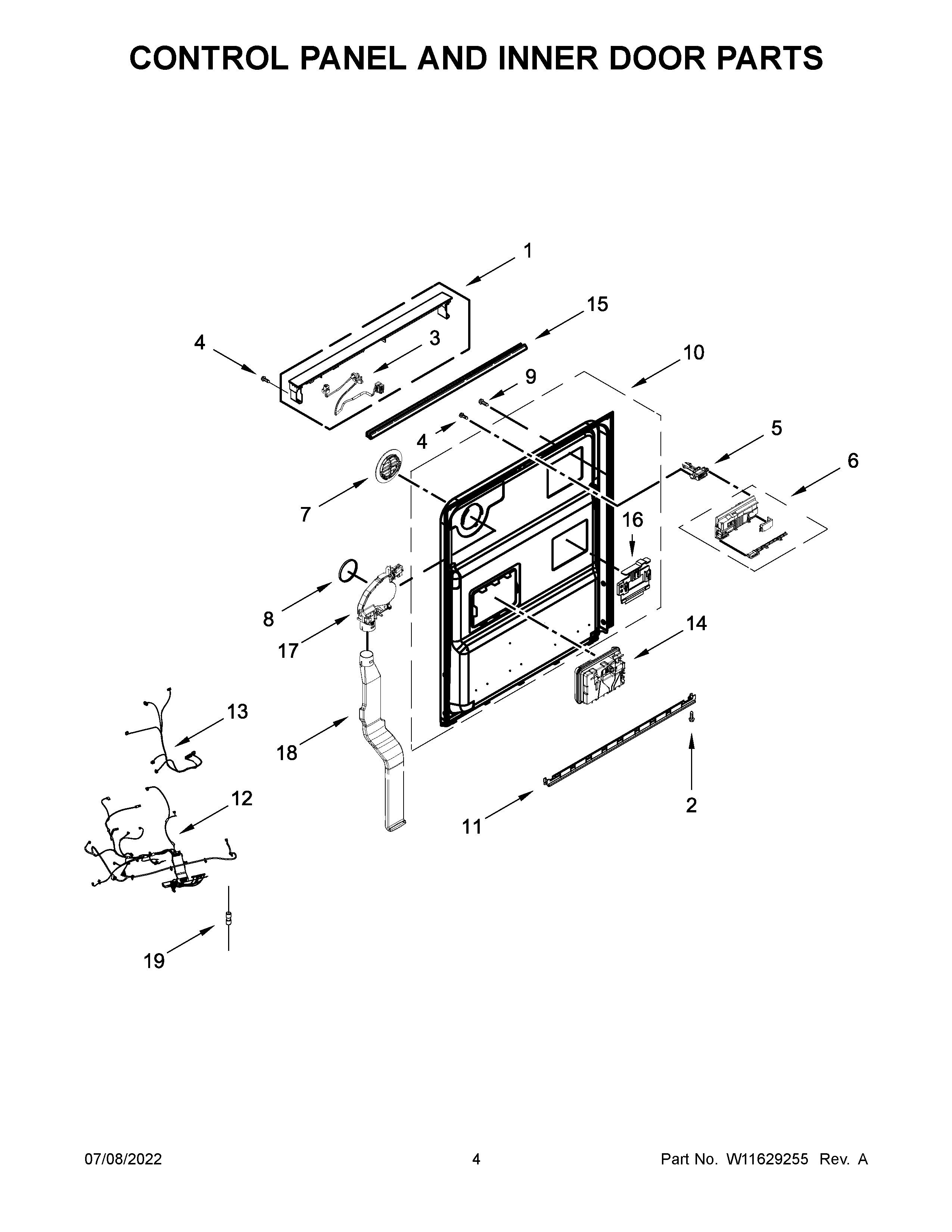 KitchenAid KDTM804KPS1 control panel and inner door parts diagram