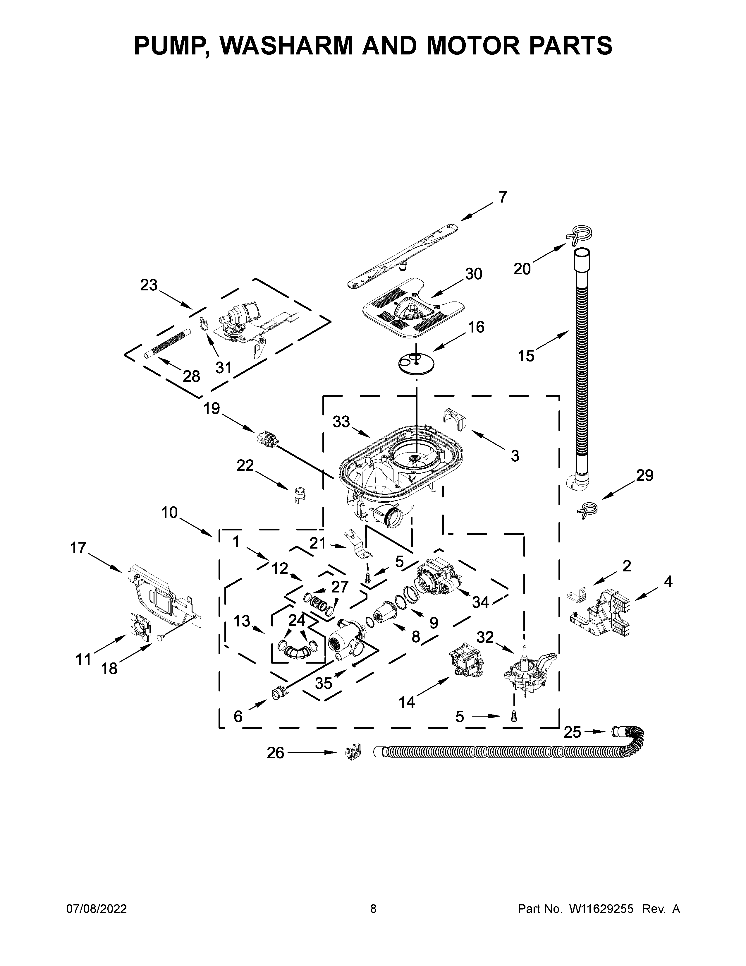 KitchenAid KDTM804KPS1 pump, washarm and motor parts diagram