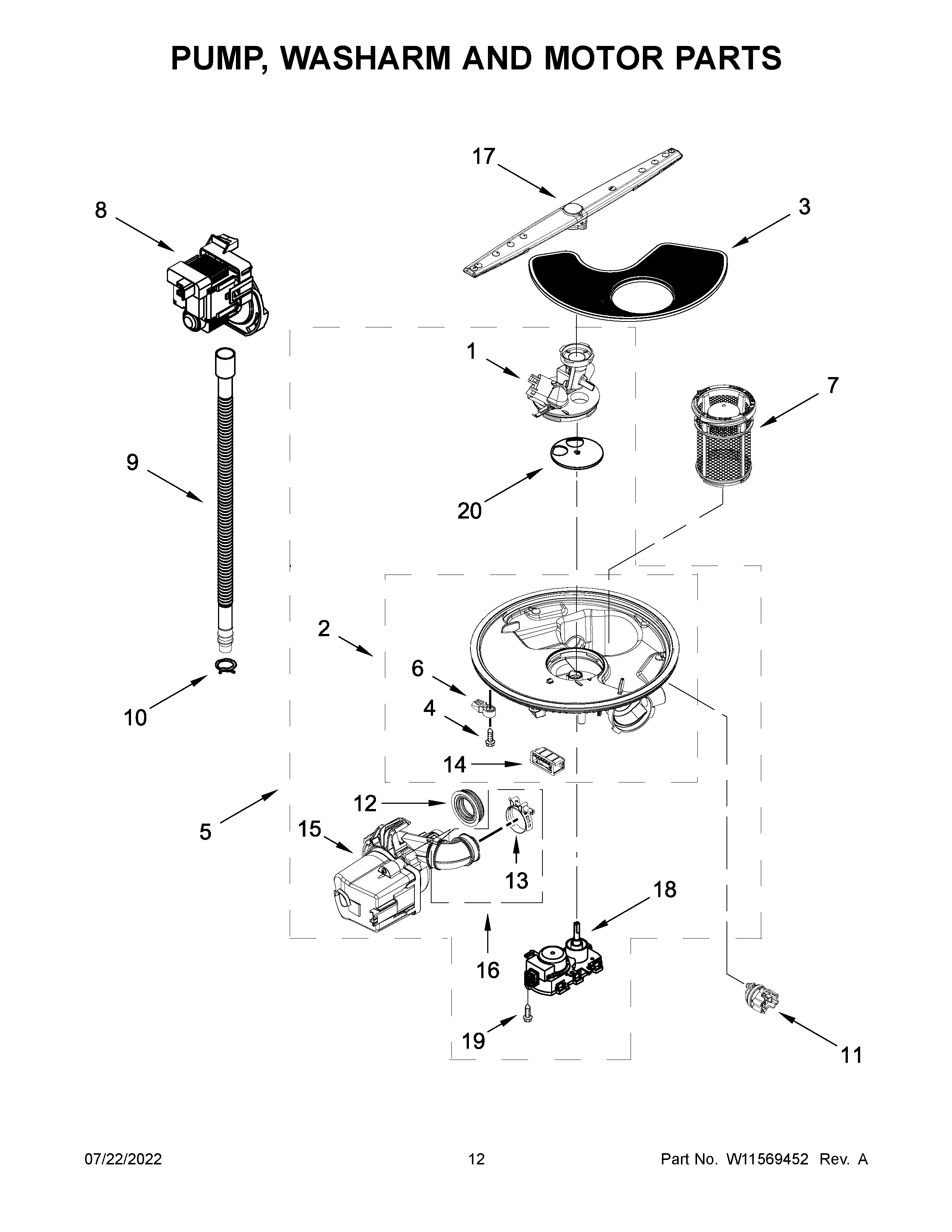 Whirlpool WDT730HAMZ0 pump, washarm and motor parts diagram