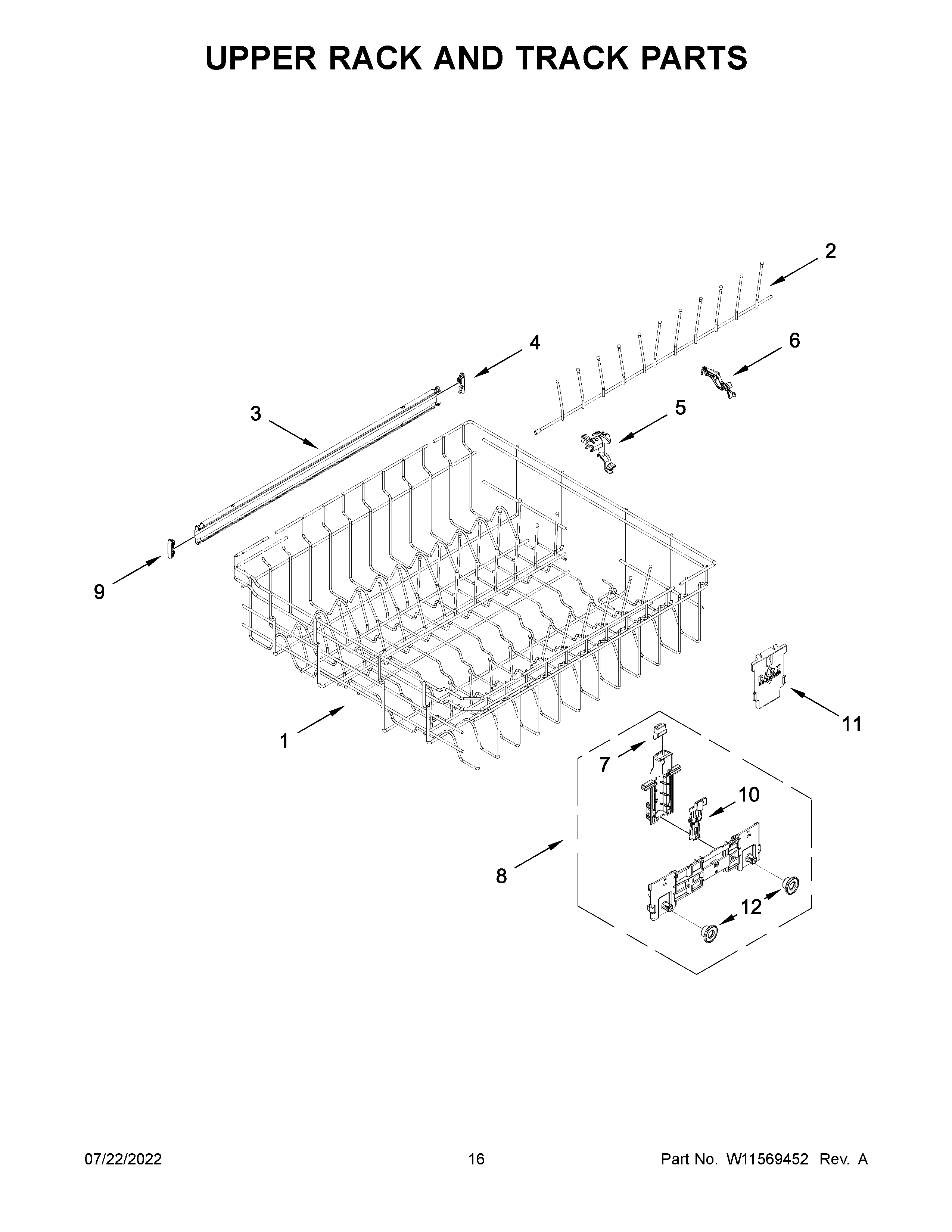 Whirlpool WDT730HAMZ0 upper rack and track parts diagram