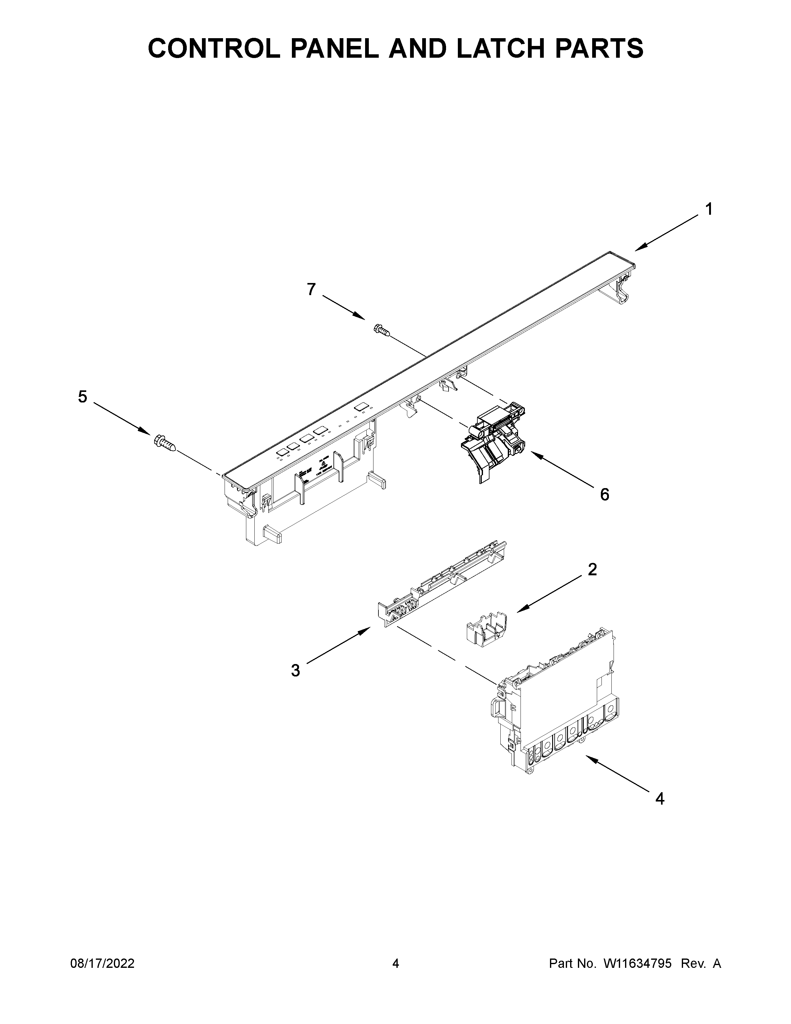 Whirlpool WDP560HAMW0 control panel and latch parts diagram