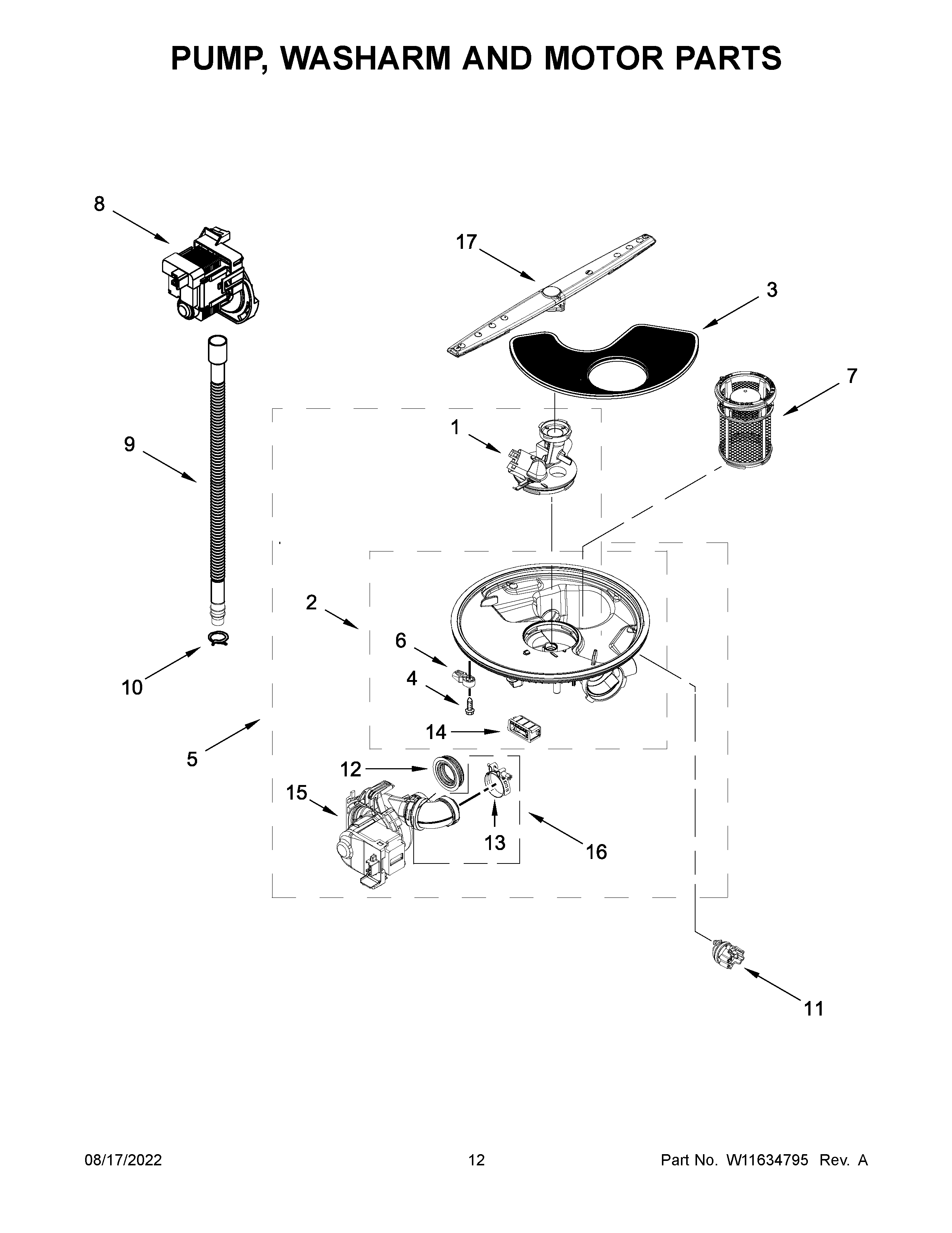 Whirlpool WDP560HAMW0 pump, washarm and motor parts diagram