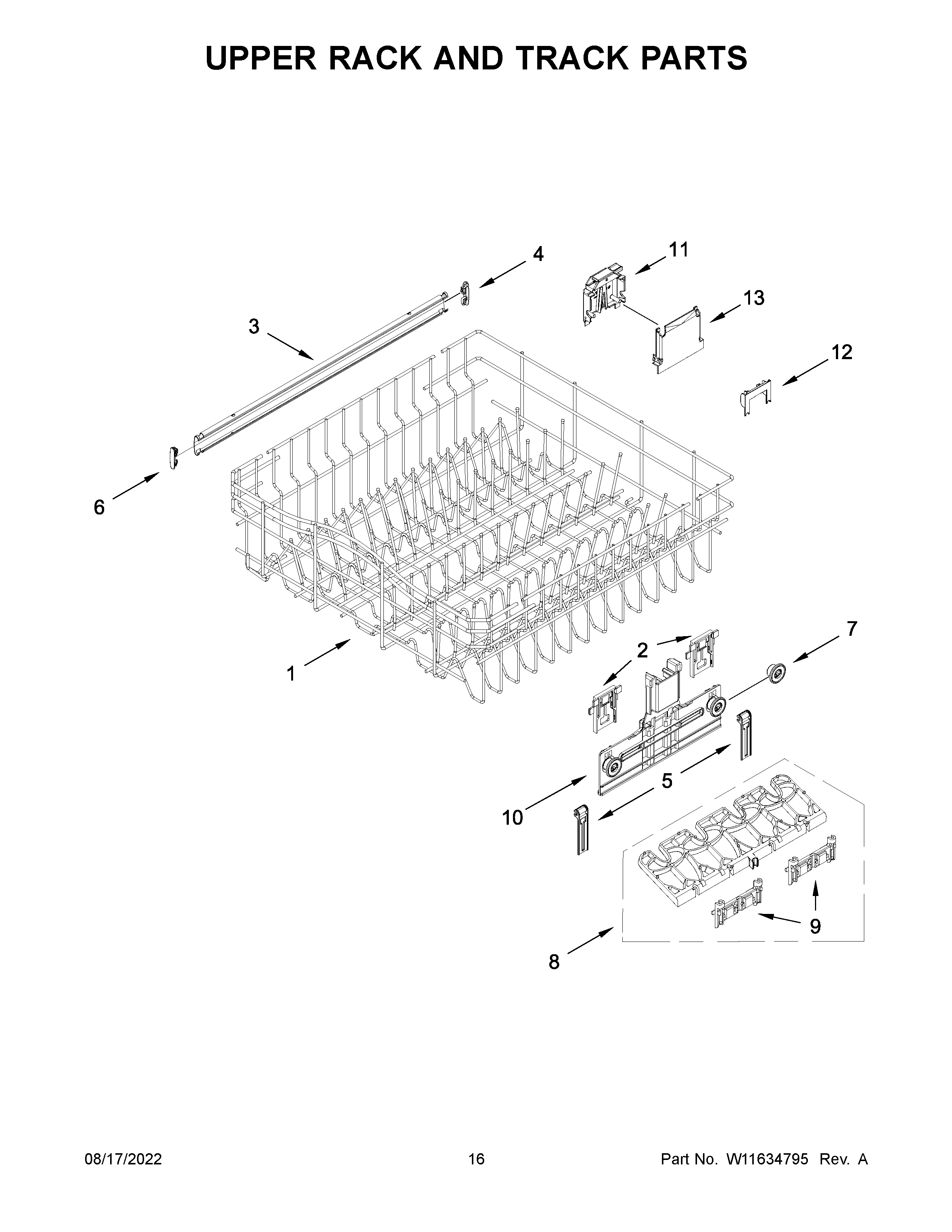 Whirlpool WDP560HAMW0 upper rack and track parts diagram