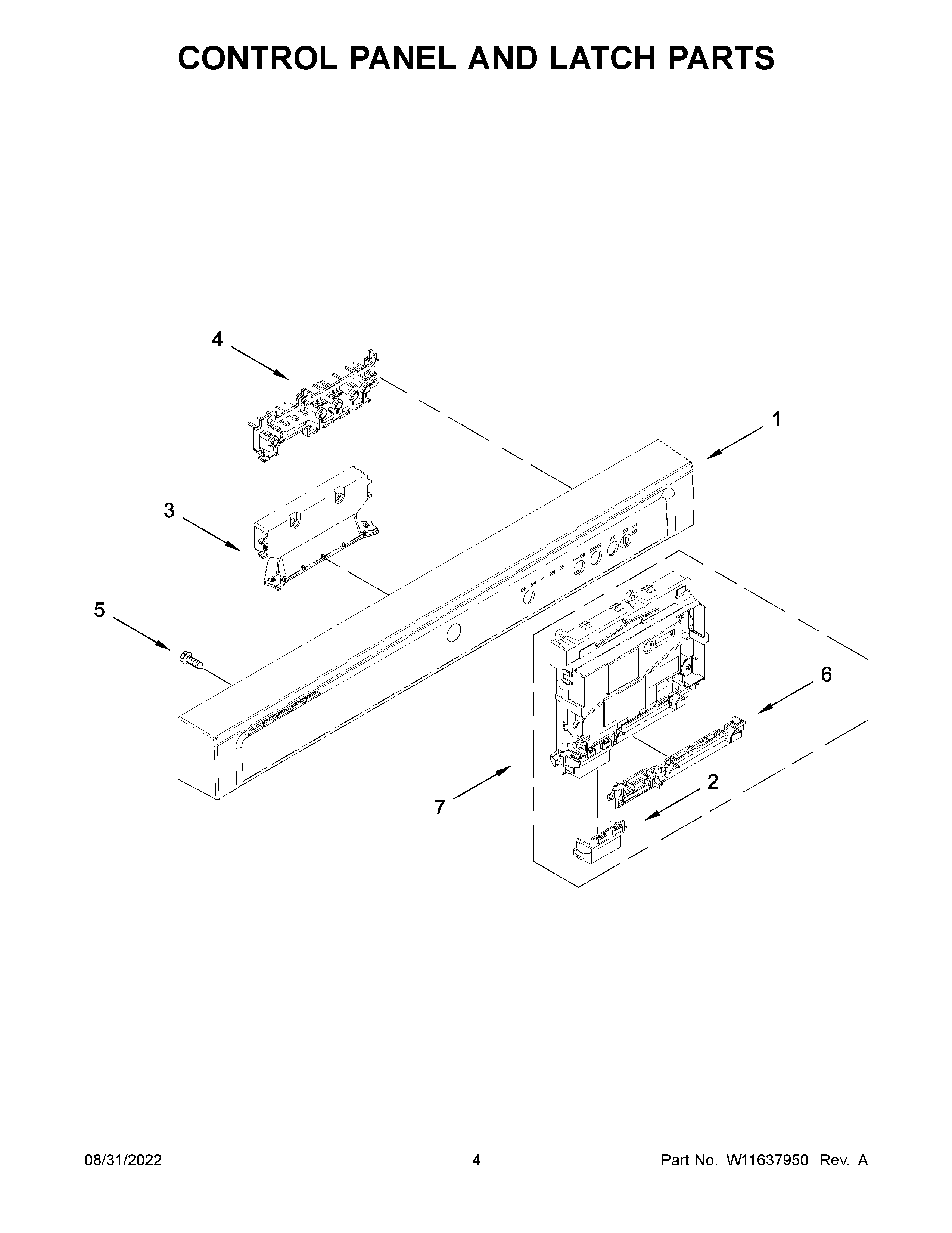 Whirlpool WDF331PAMW0 control panel and latch parts diagram