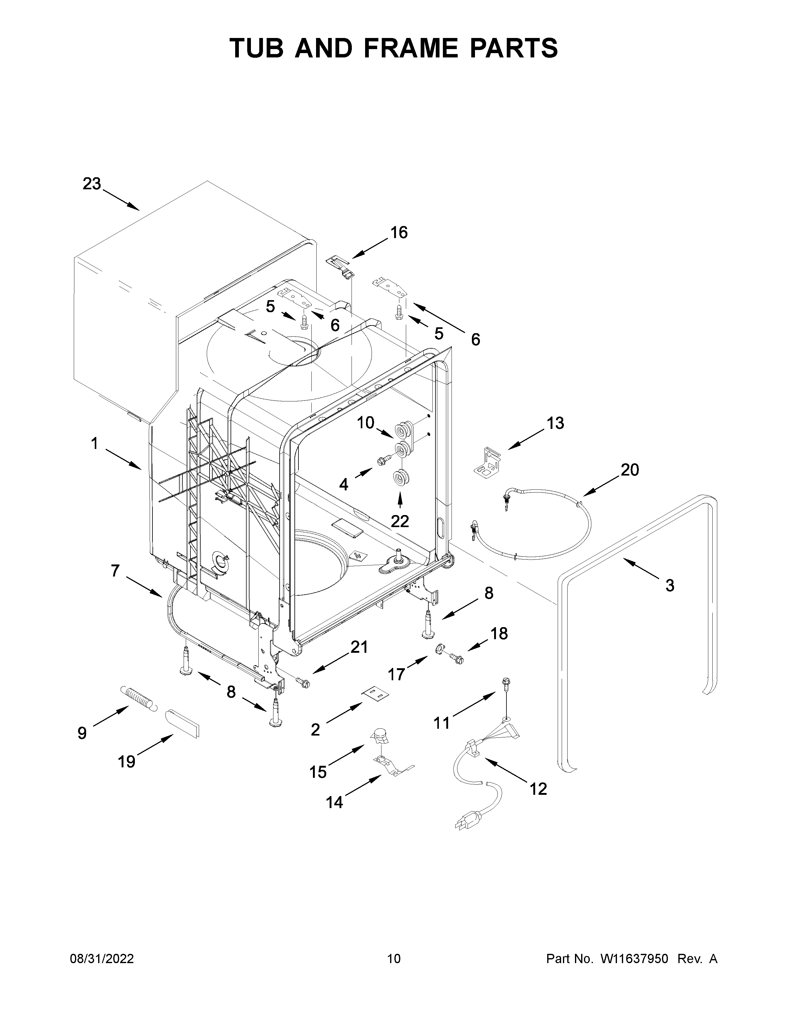 Whirlpool WDF331PAMW0 tub and frame parts diagram