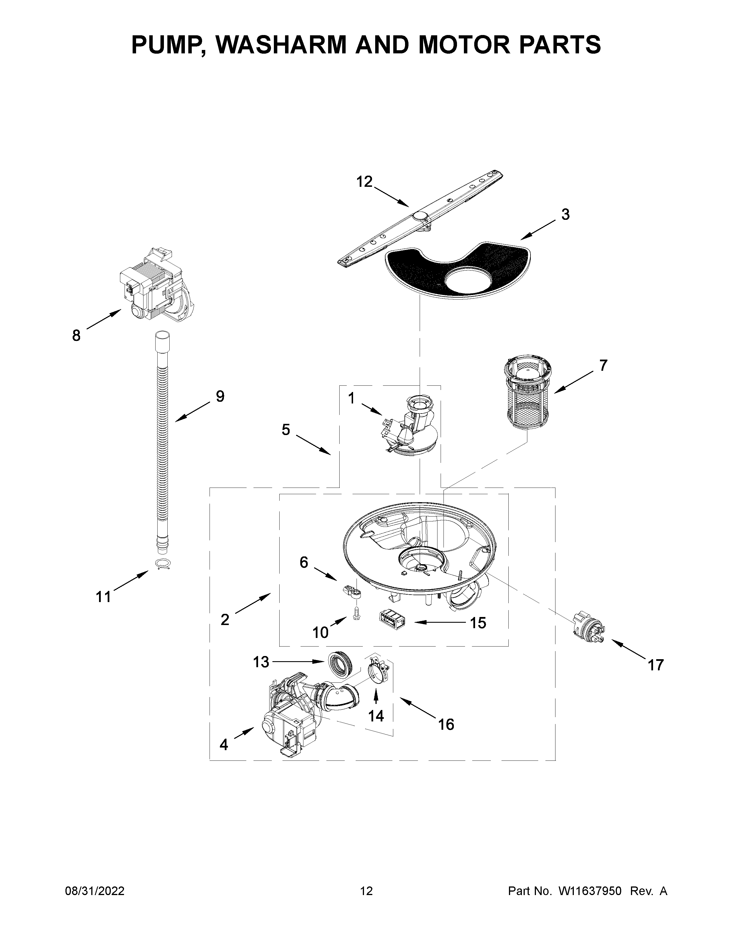 Whirlpool WDF331PAMW0 pump, washarm and motor parts diagram