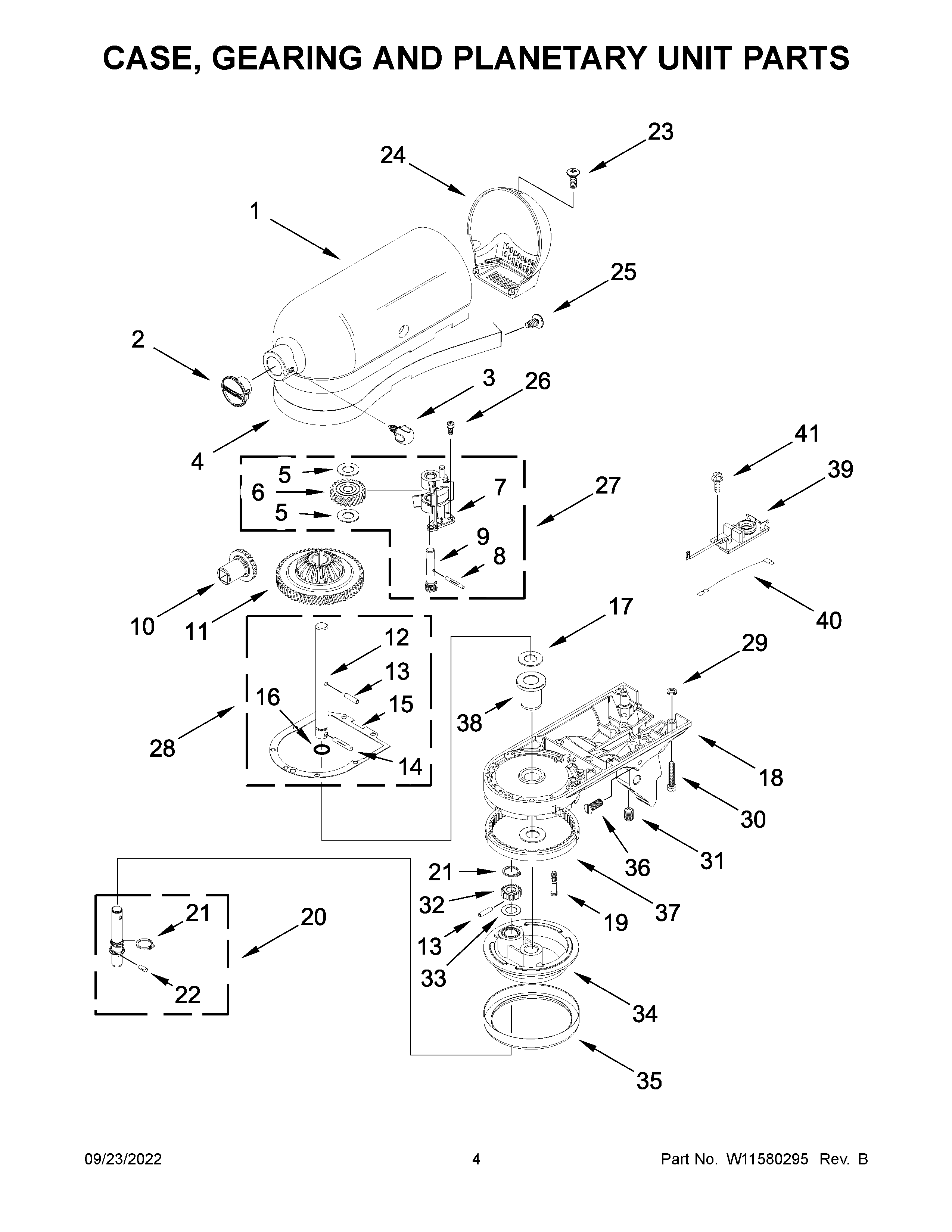KitchenAid 5K45SSWWH0 case, gearing and planetary unit parts diagram