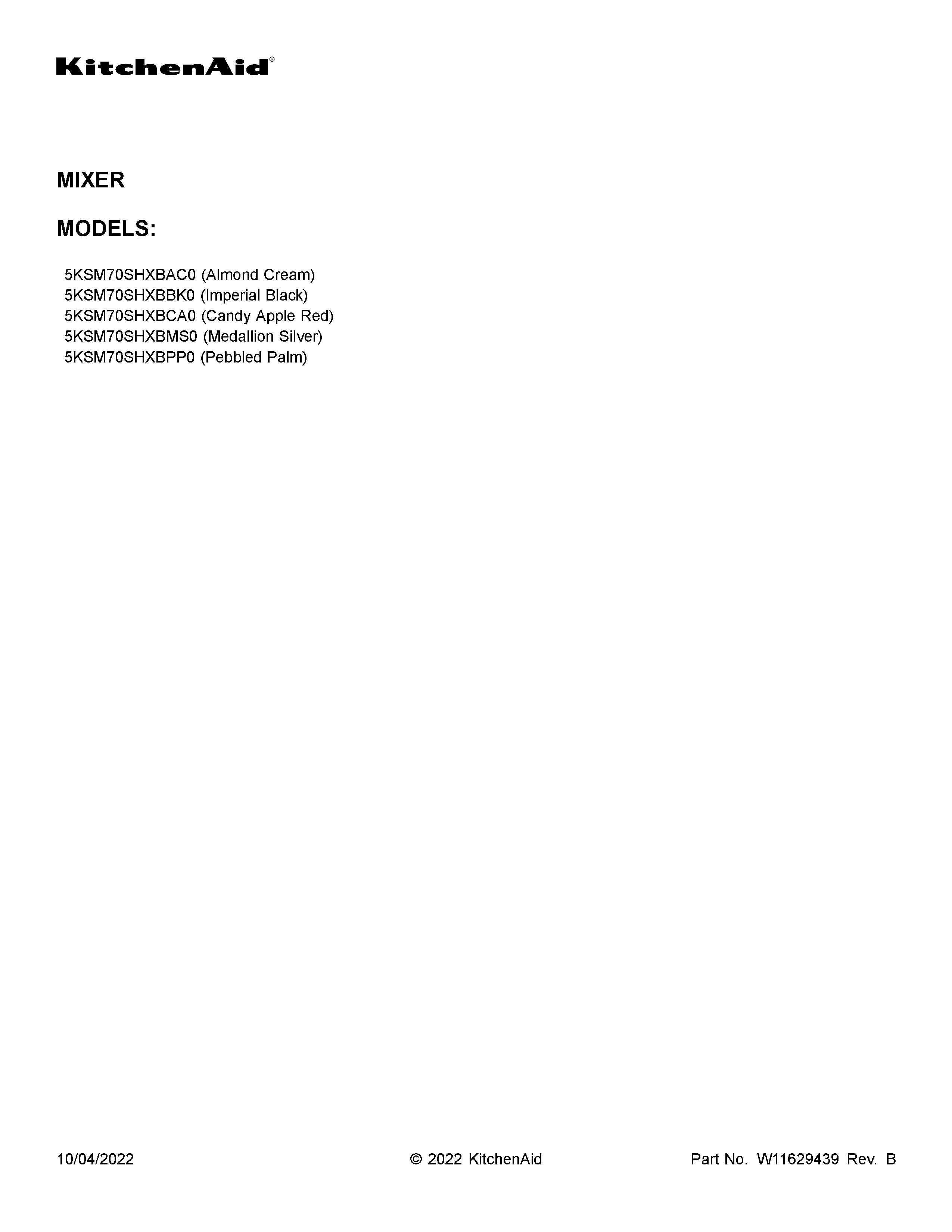 KitchenAid 5KSM70SHXBCA0 cover sheet diagram