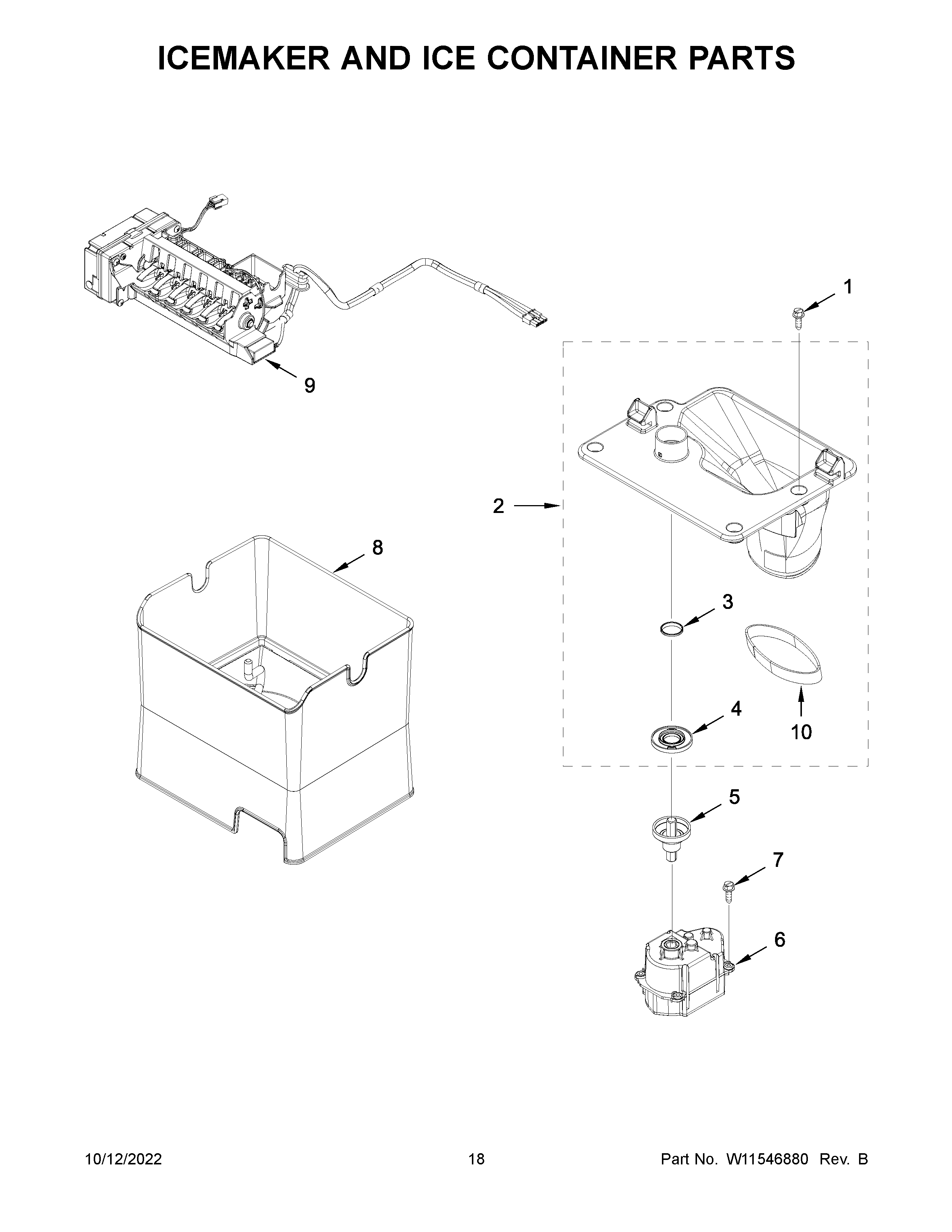 KitchenAid KRMF706ESS05 icemaker and ice container parts diagram