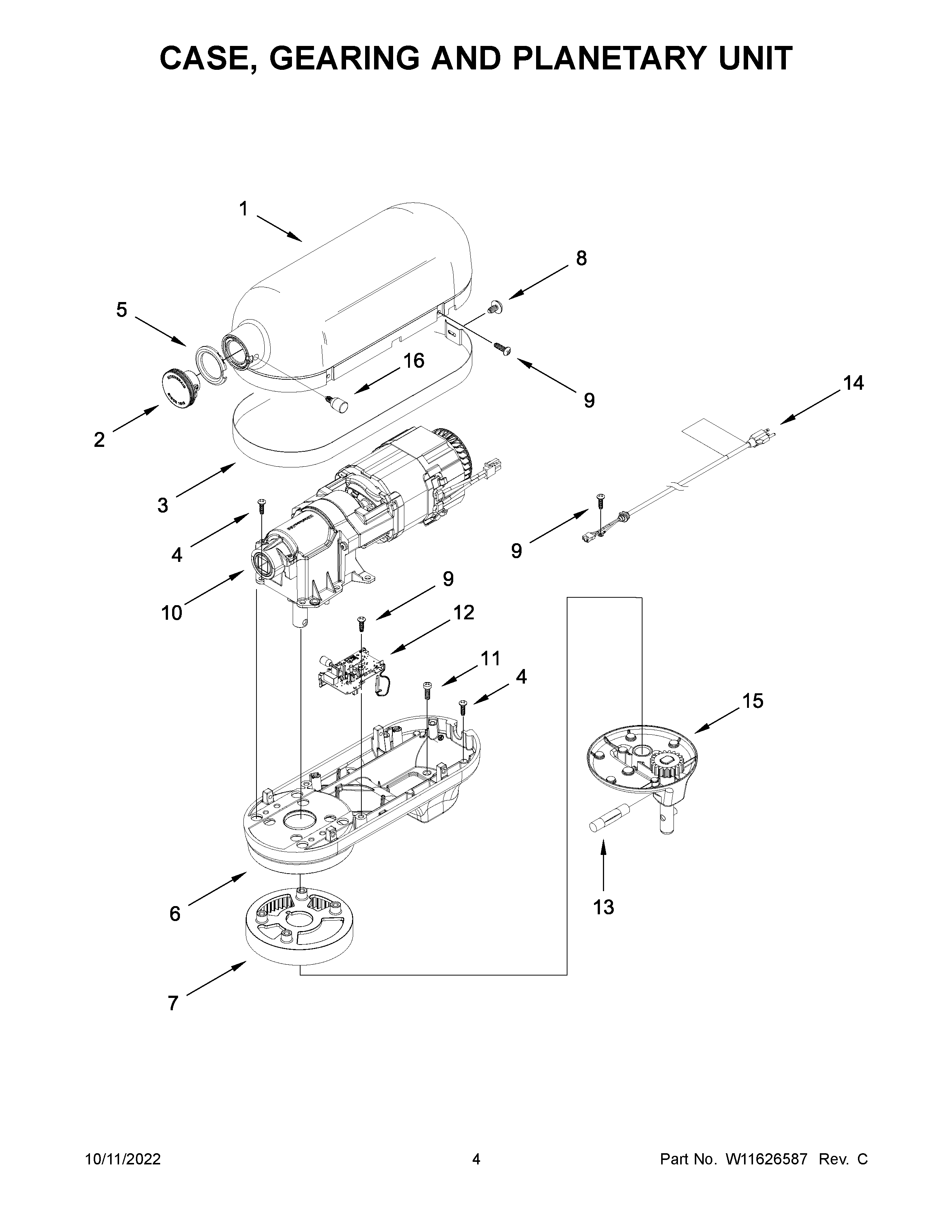 KitchenAid KSM70SNDXPT0 case, gearing and planetary unit diagram