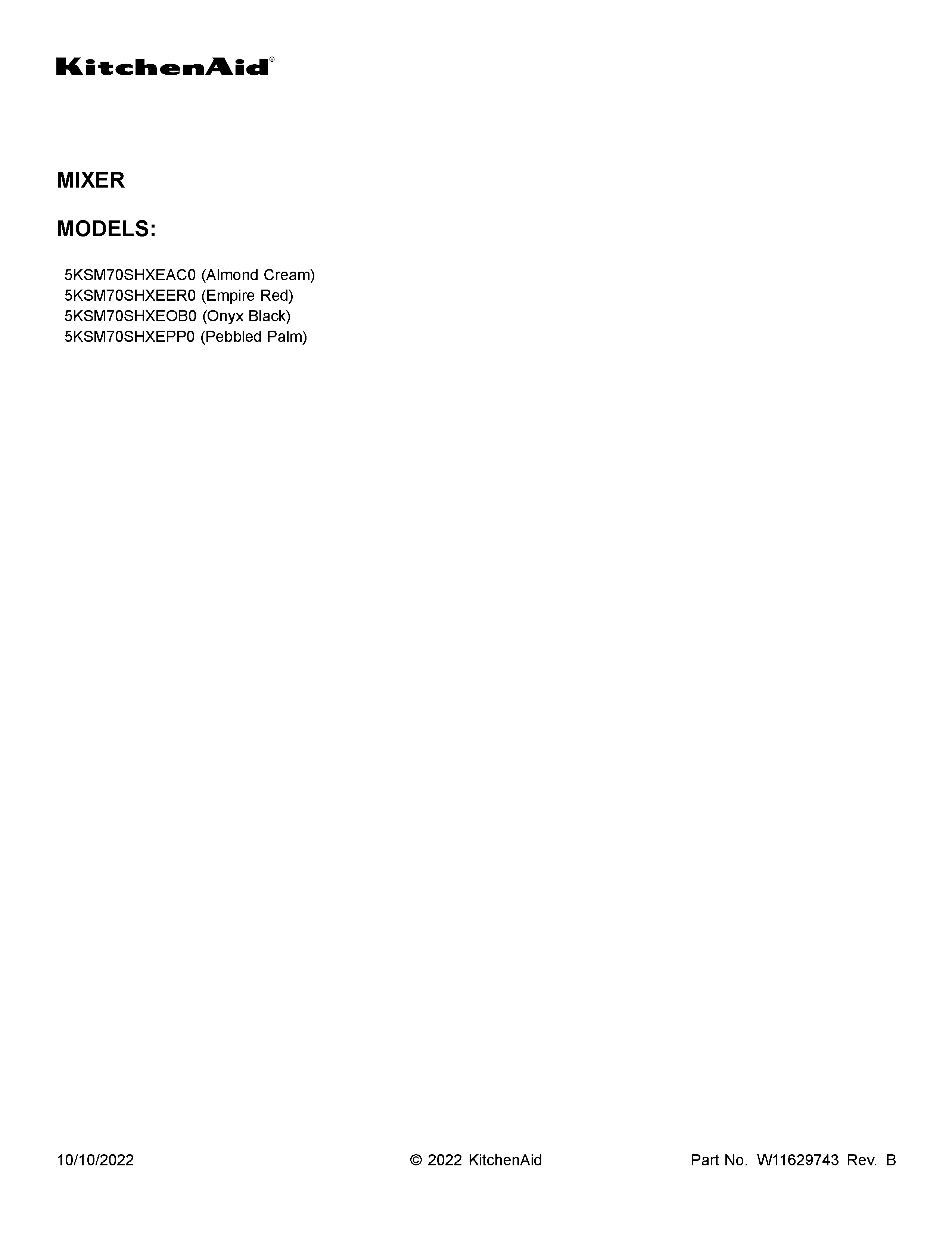 KitchenAid 5KSM70SHXEOB0 cover sheet diagram