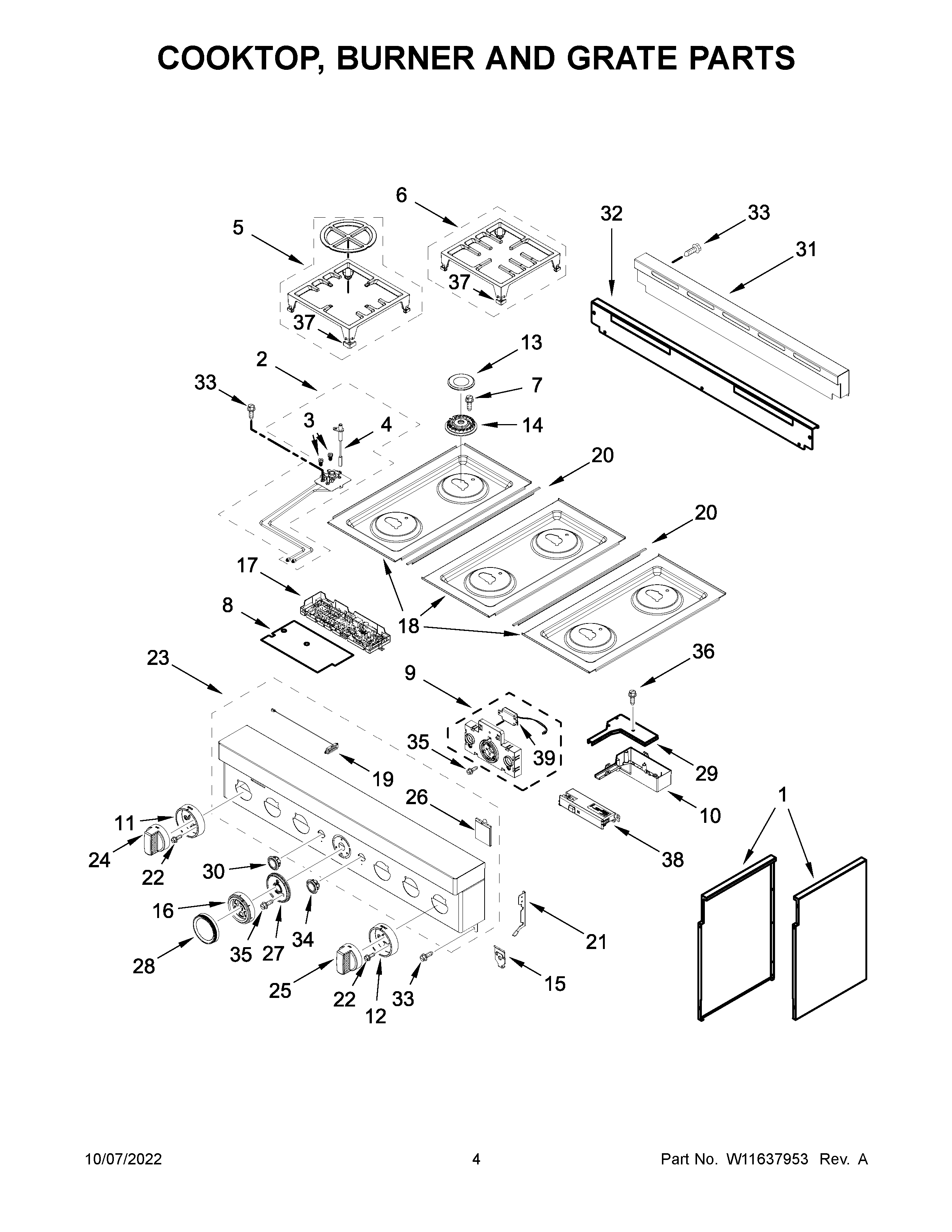 KitchenAid KFGC506JMH05 cooktop, burner and grate parts diagram