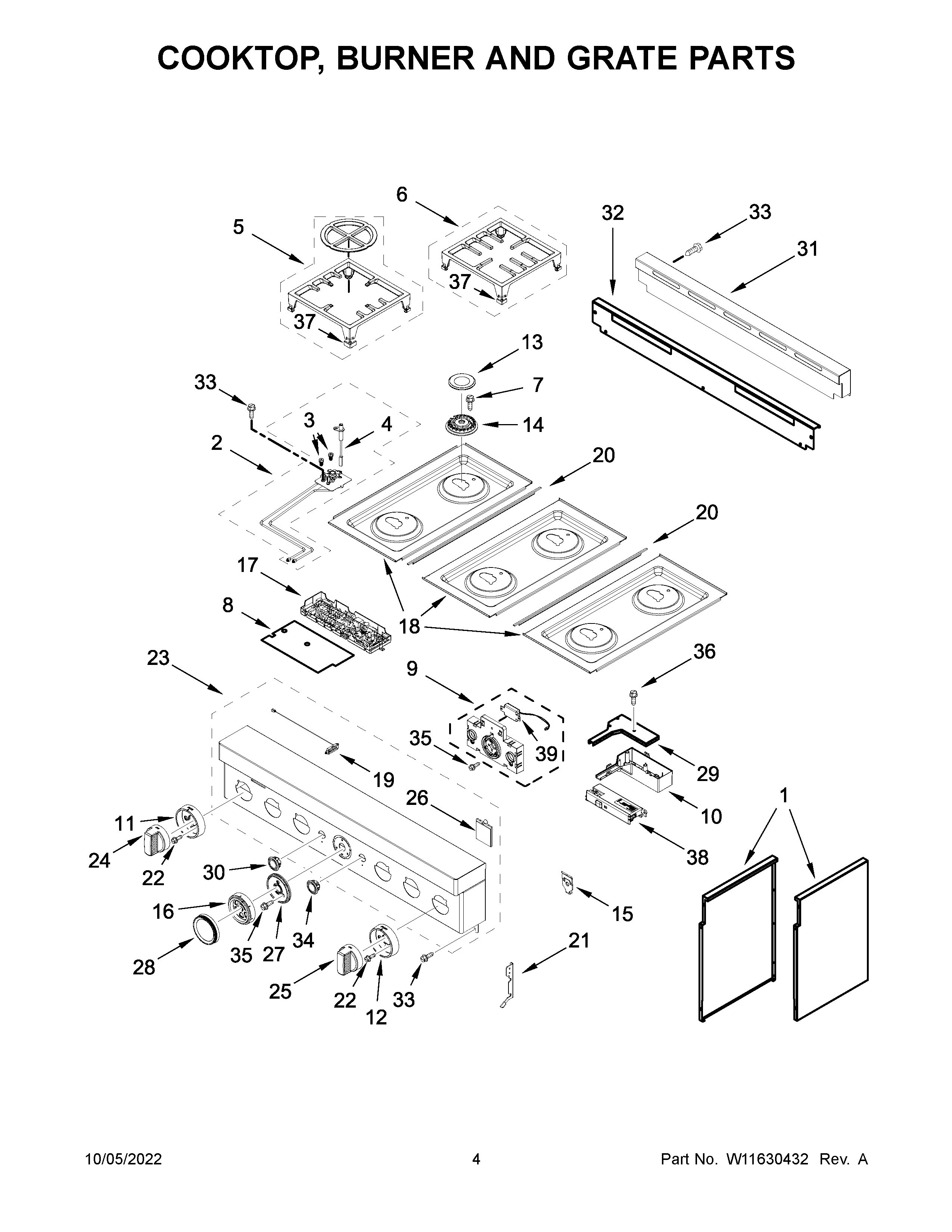 KitchenAid KFGC506JSS05 cooktop, burner and grate parts diagram