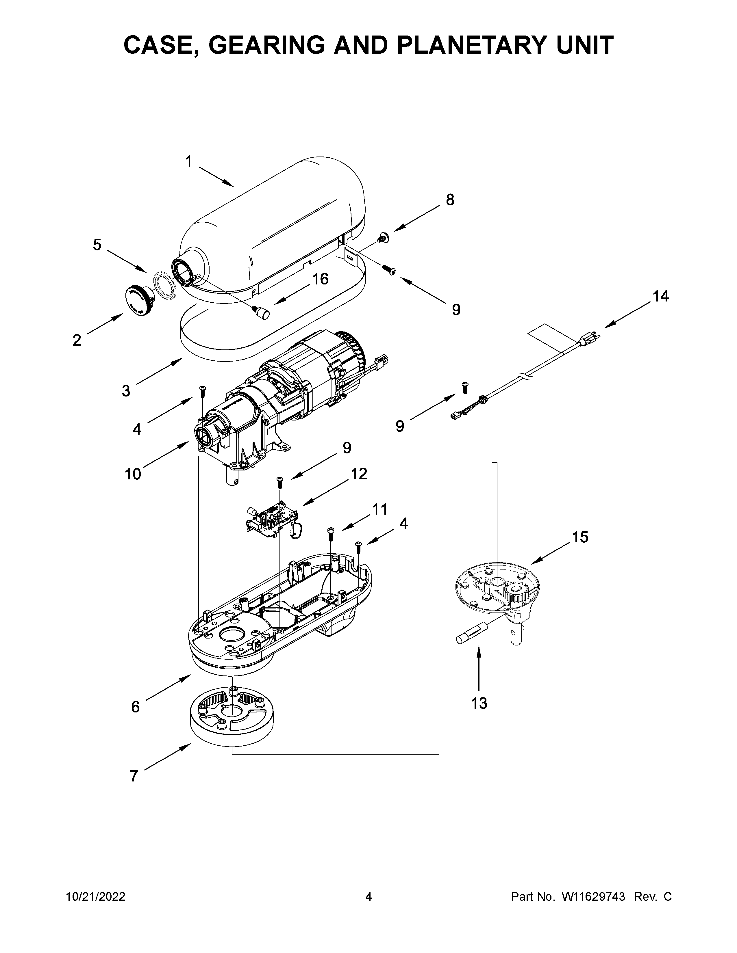 KitchenAid 5KSM70SHXEOB0 case, gearing and planetary unit diagram