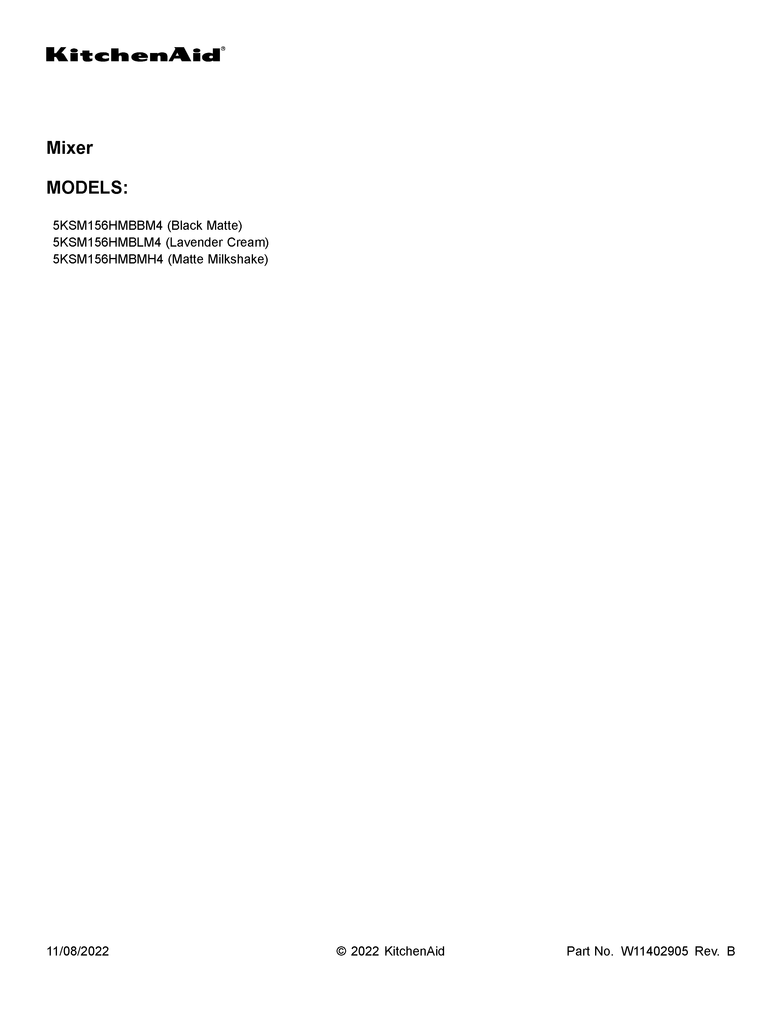 KitchenAid 5KSM156HMBLM4 cover sheet diagram