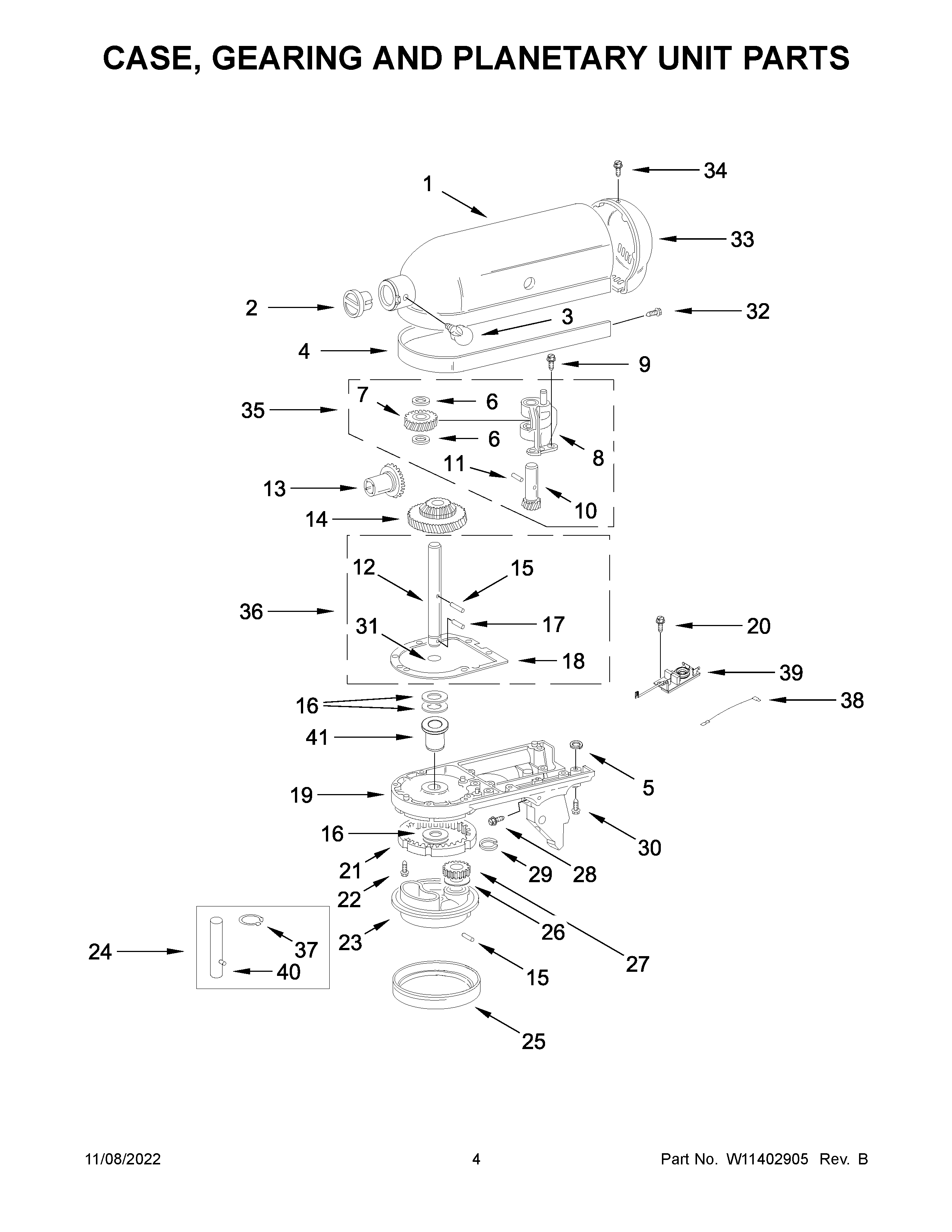 KitchenAid 5KSM156HMBLM4 case, gearing and planetary unit parts diagram