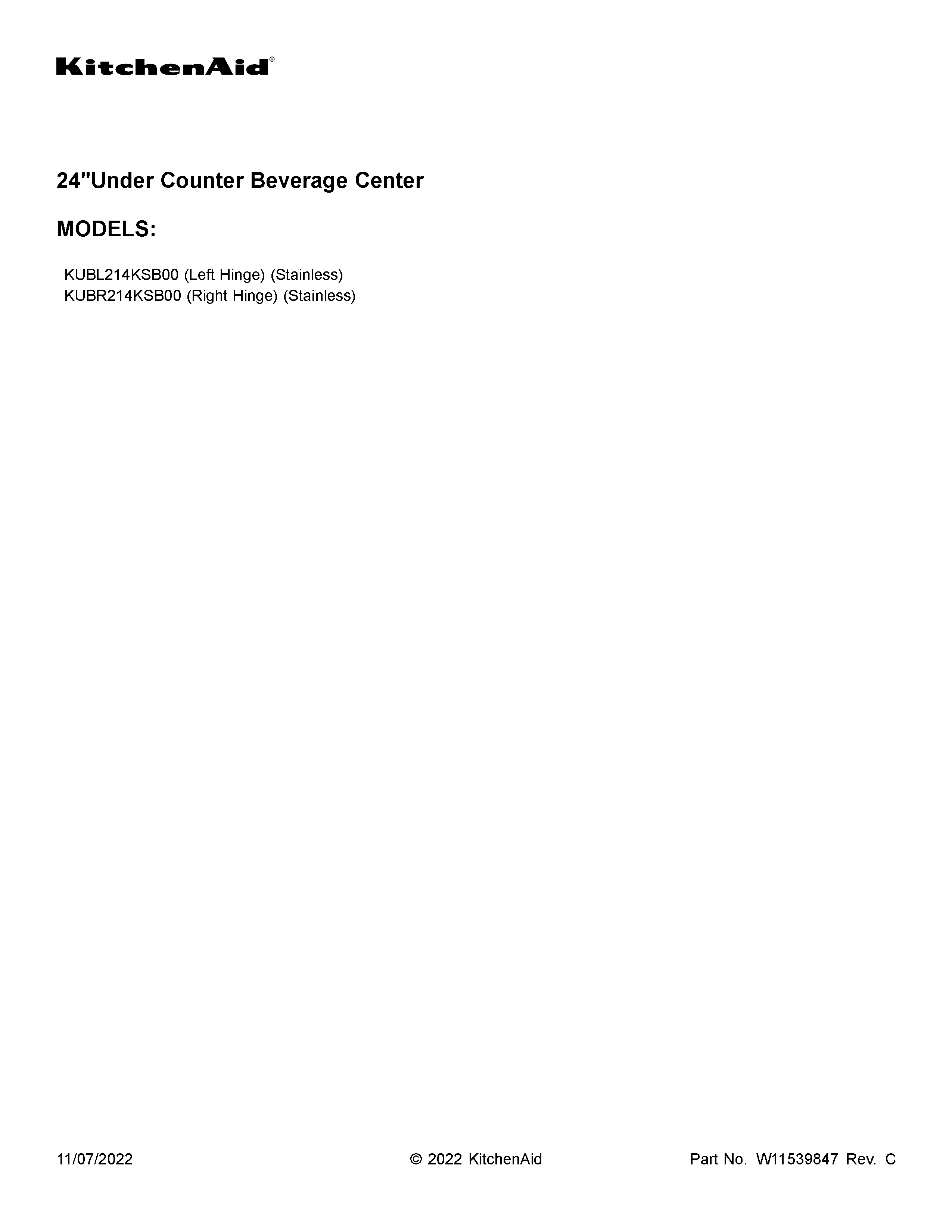 KitchenAid KUBL214KSB00 cover sheet diagram