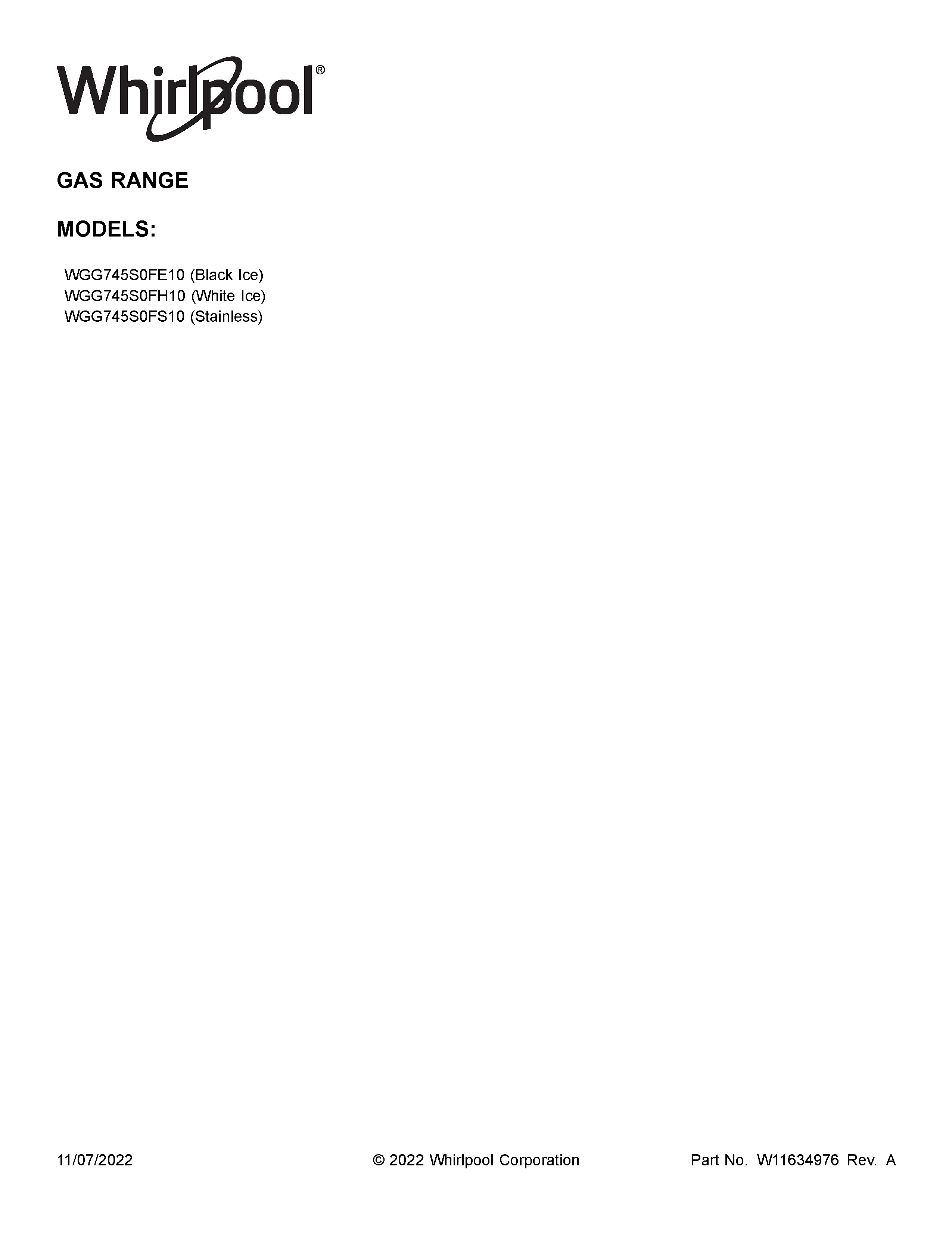 Whirlpool WGG745S0FE10 cover sheet diagram