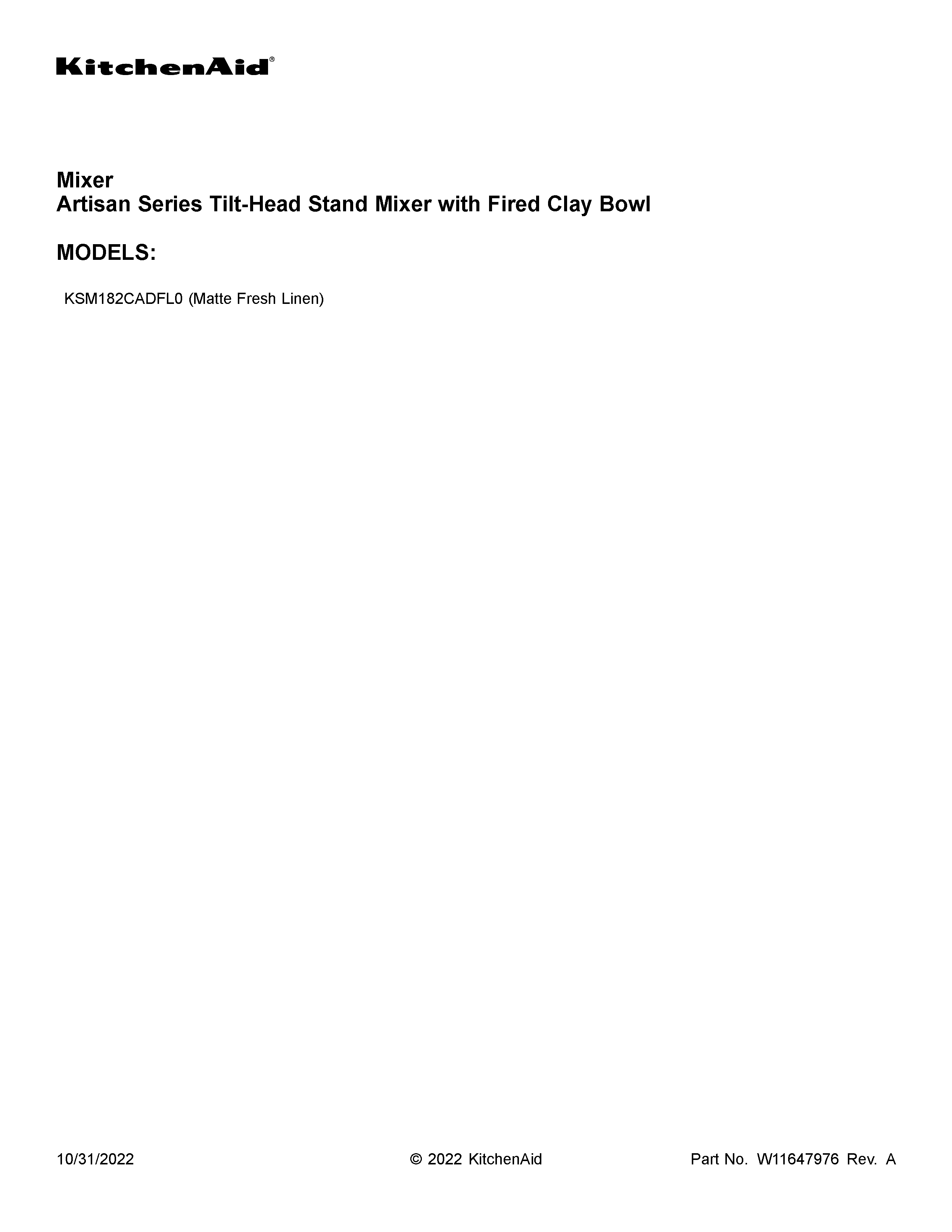 KitchenAid KSM182CADFL0 cover sheet diagram