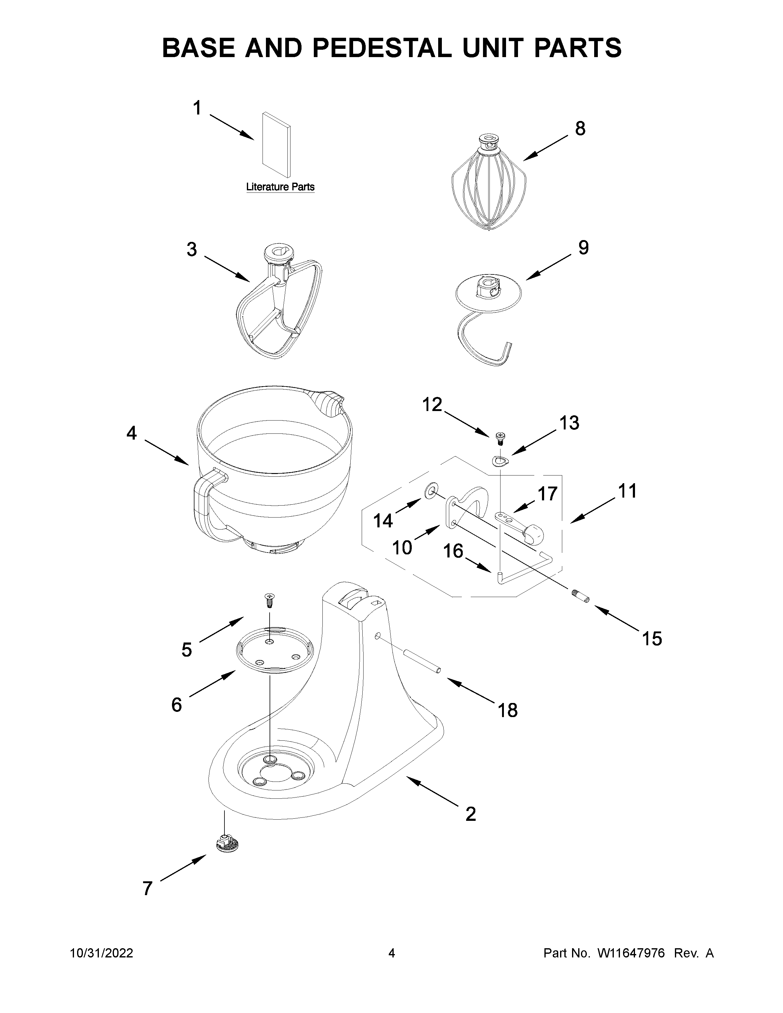 KitchenAid KSM182CADFL0 base and pedestal unit parts diagram