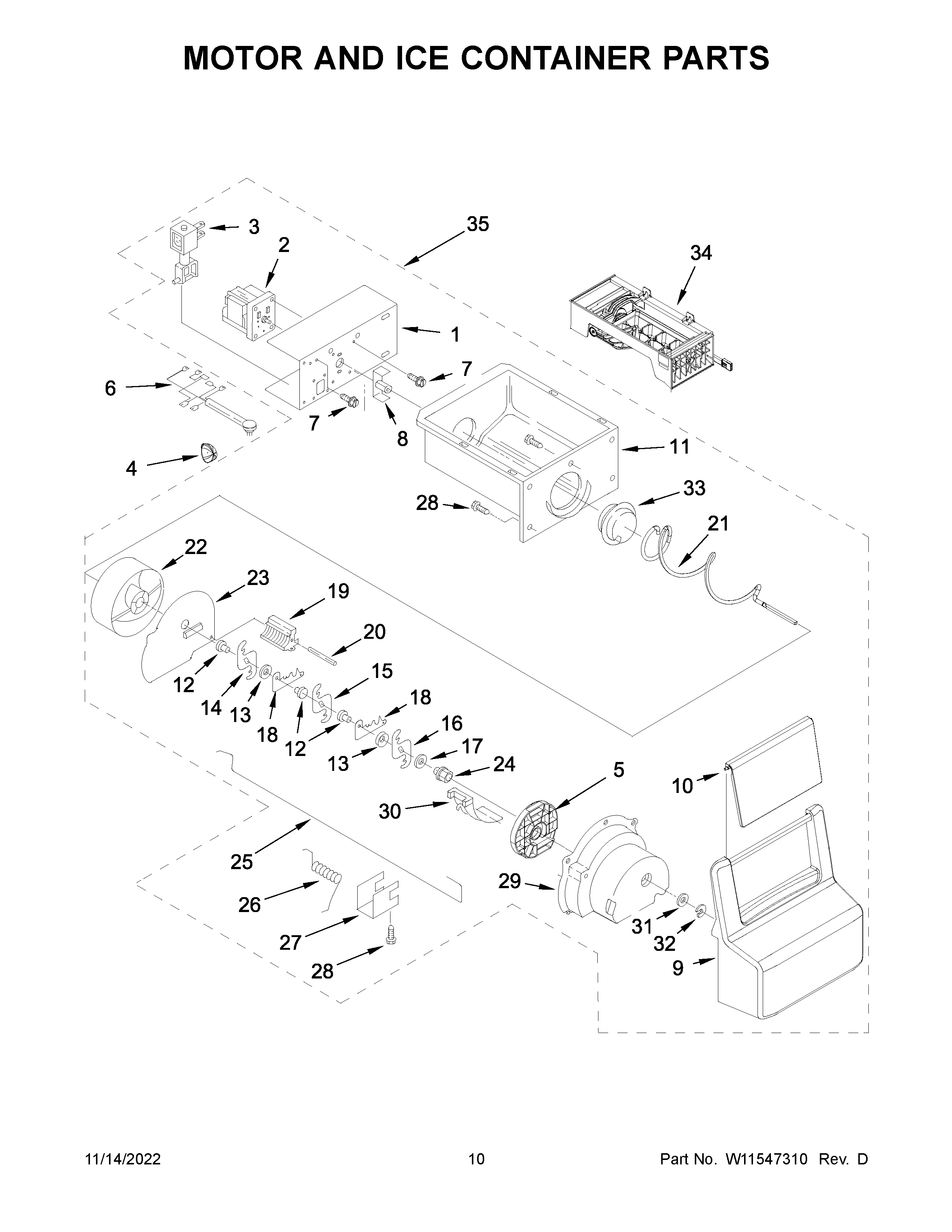Whirlpool WRS325SDHW08 motor and ice container parts diagram
